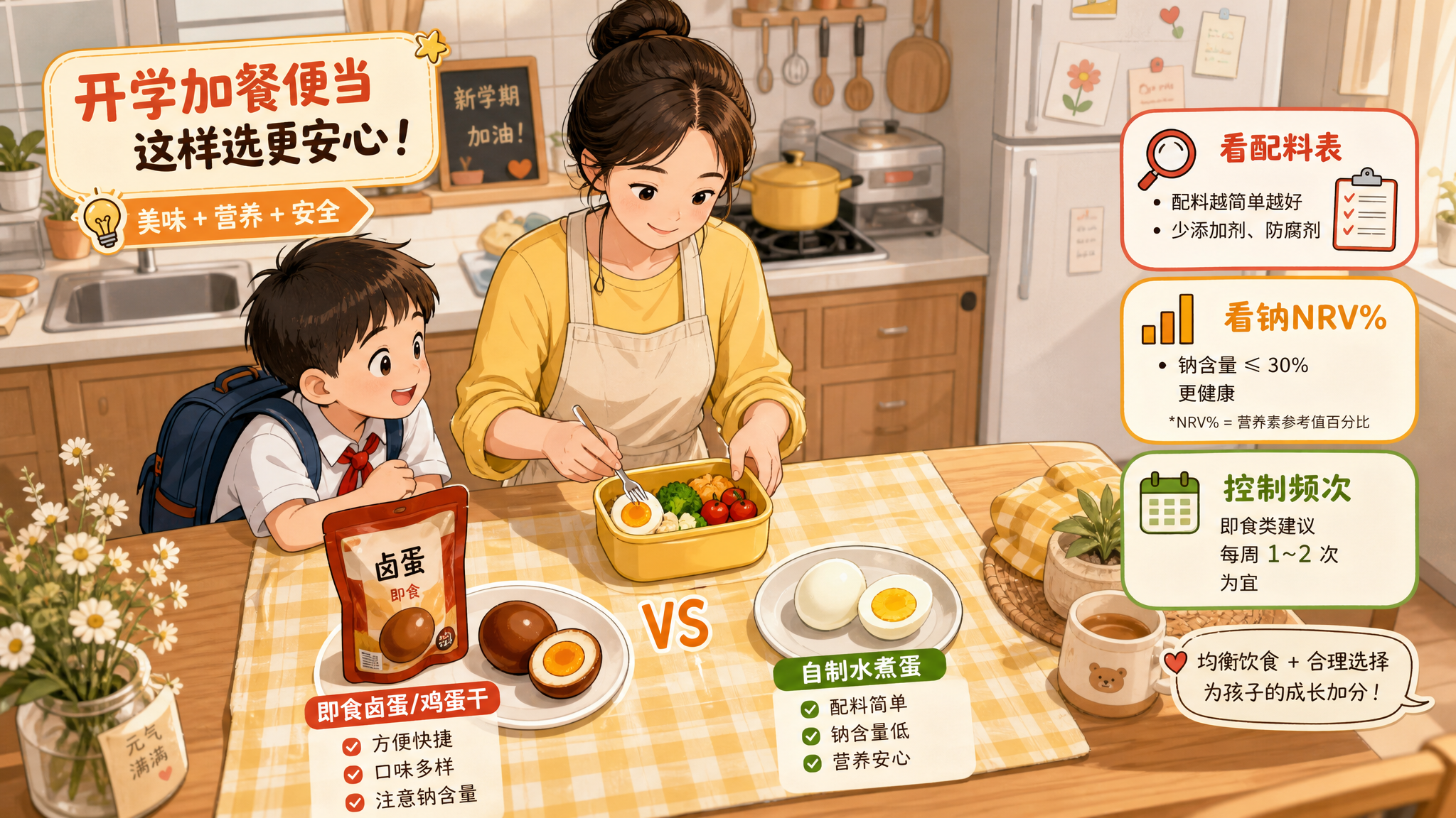 便当场景漫画风插画，中国年轻妈妈在厨房餐桌前为中国小学生准备开学加餐便当，孩子背着书包在旁边期待地看