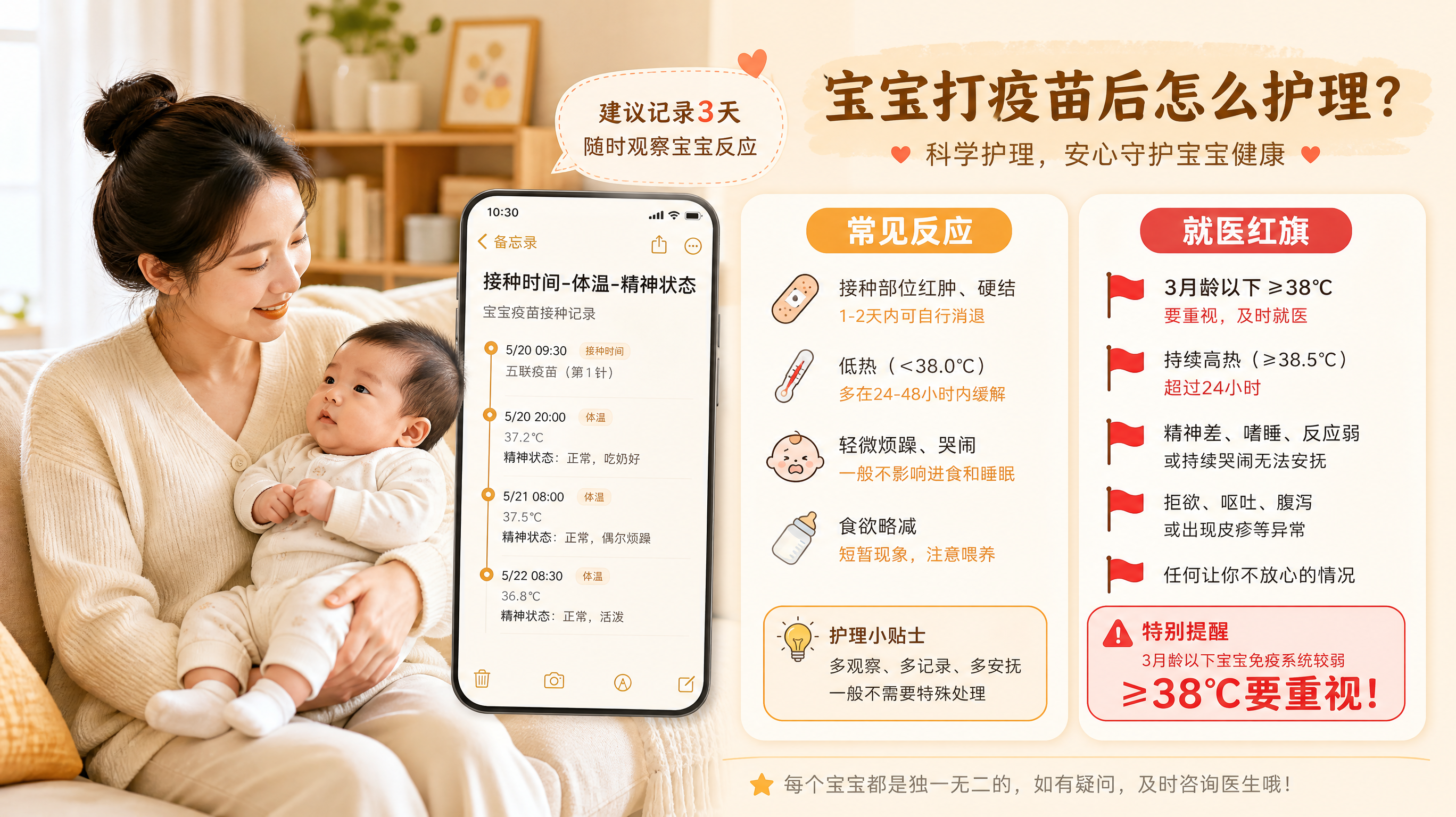 温暖医学科普风插画/信息图风格画面,中国年轻妈妈抱着1-3月龄中国婴儿坐在家中沙发上,旁边是手机备忘