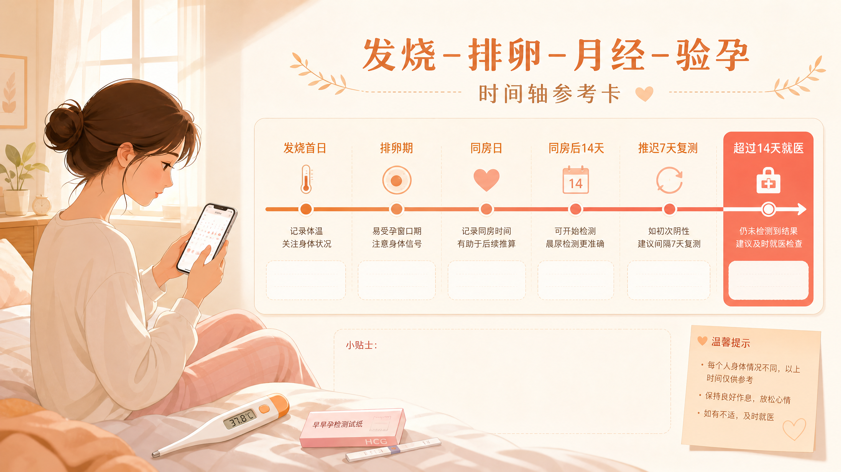 暖橙色治愈系信息图风格插画,一位中国年轻女性坐在床边查看手机日历记录,旁边放着体温计与验孕试纸盒,画