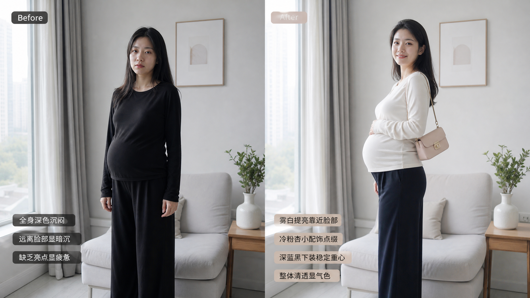 室内自然生活场景,中国孕期女性在家中靠近窗户的客厅做穿搭对比展示,左侧Before穿全身深色导致面部