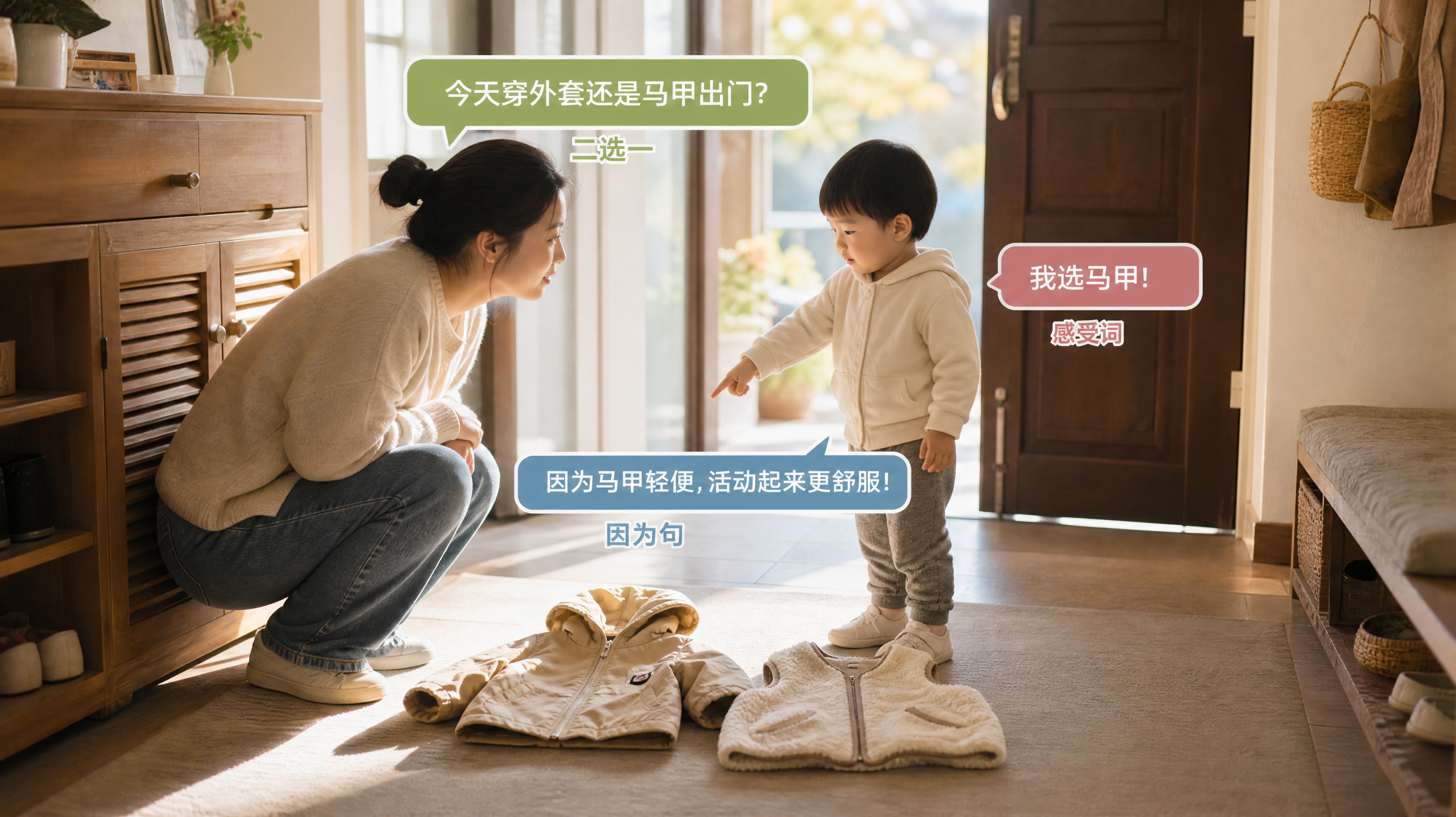 中国年轻妈妈在秋天清晨的玄关给1-3岁中国幼儿准备出门穿衣，地上放着薄外套和马甲两件可选，妈妈蹲下与