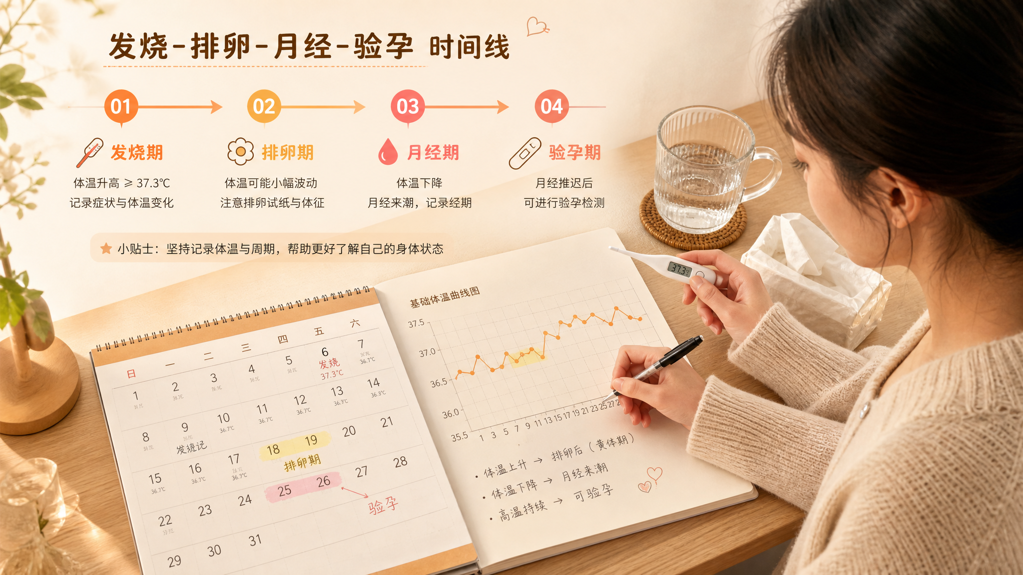暖橙色治愈系信息图风格插画,一张桌面上摊开的日历与时间轴笔记,核心主体为“发烧-排卵-月经-验孕”四