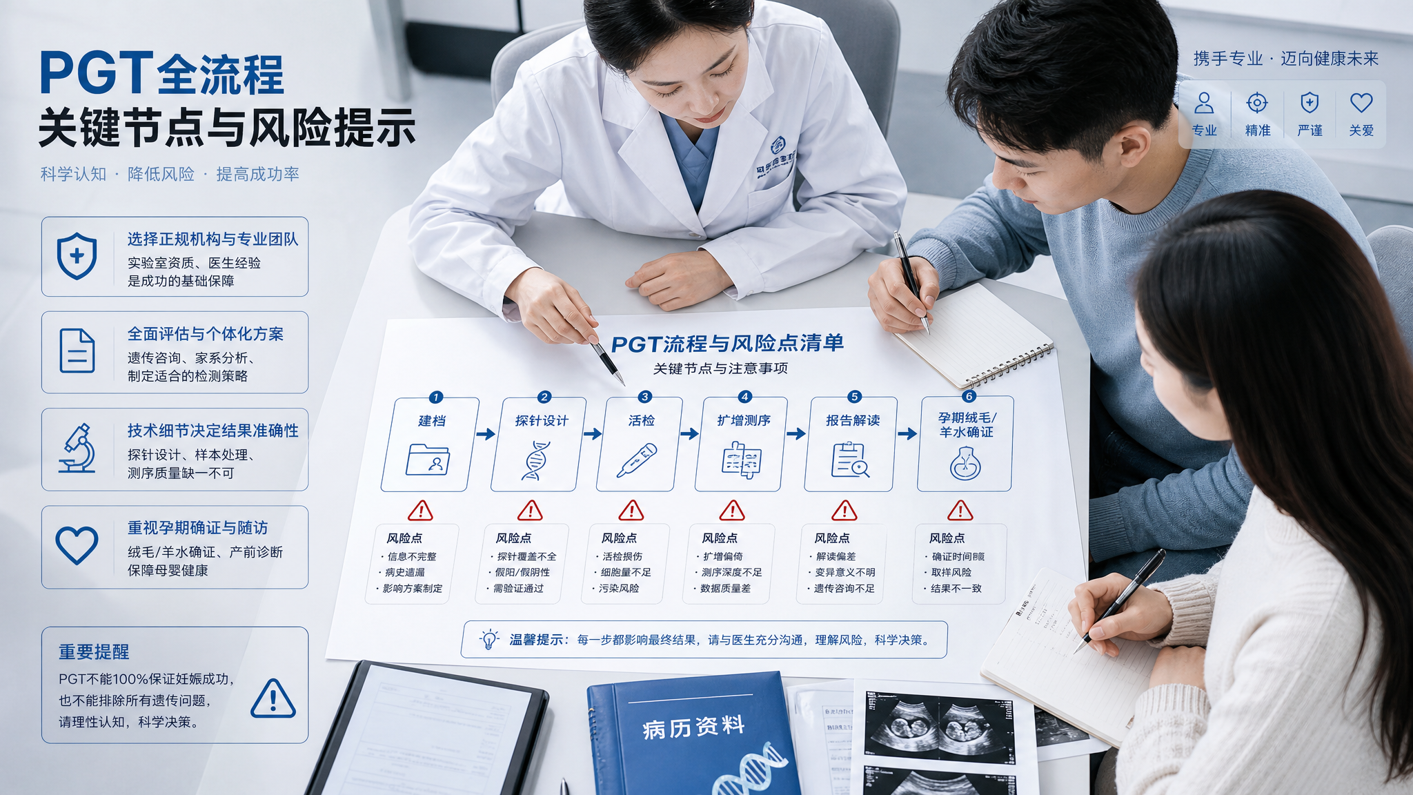 科技蓝与黑白线稿风的信息图海报场景，咨询者与遗传咨询医生在诊室桌前共同查看检测流程图