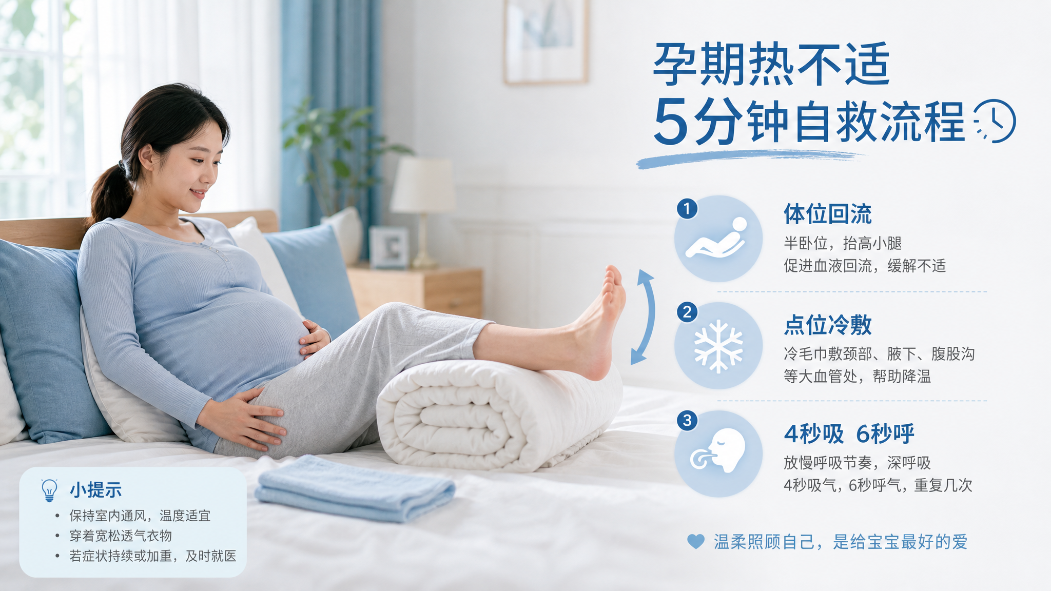 中国孕妇在家中卧室进行“孕期热不适5分钟自救流程”演示，人物为中国年轻孕妈，穿着舒适家居服，半卧在床