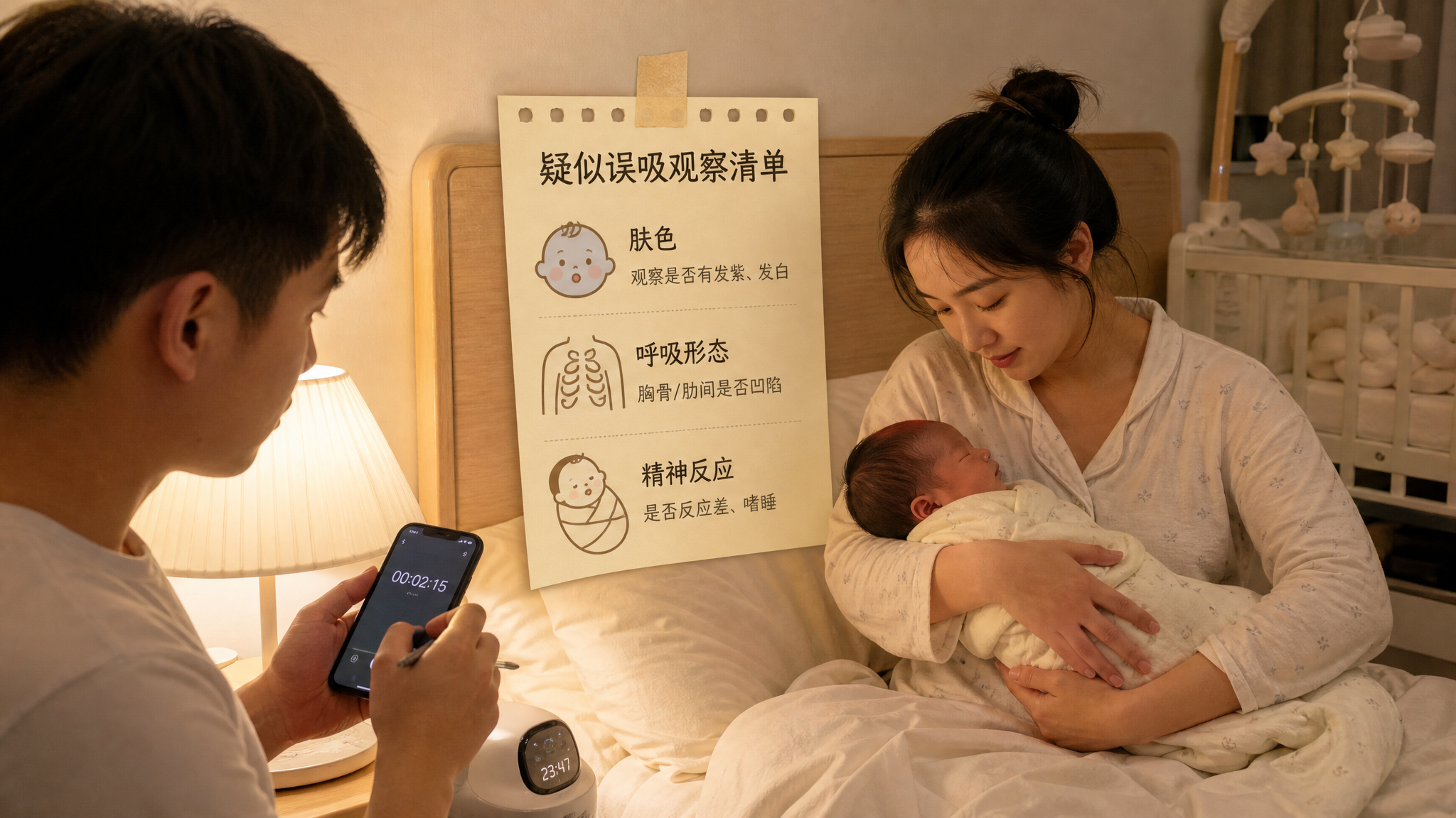 中国年轻妈妈与中国年轻爸爸在夜间卧室柔和台灯下，妈妈半抱位抱着新生儿侧向安放，爸爸拿手机计时并记录，