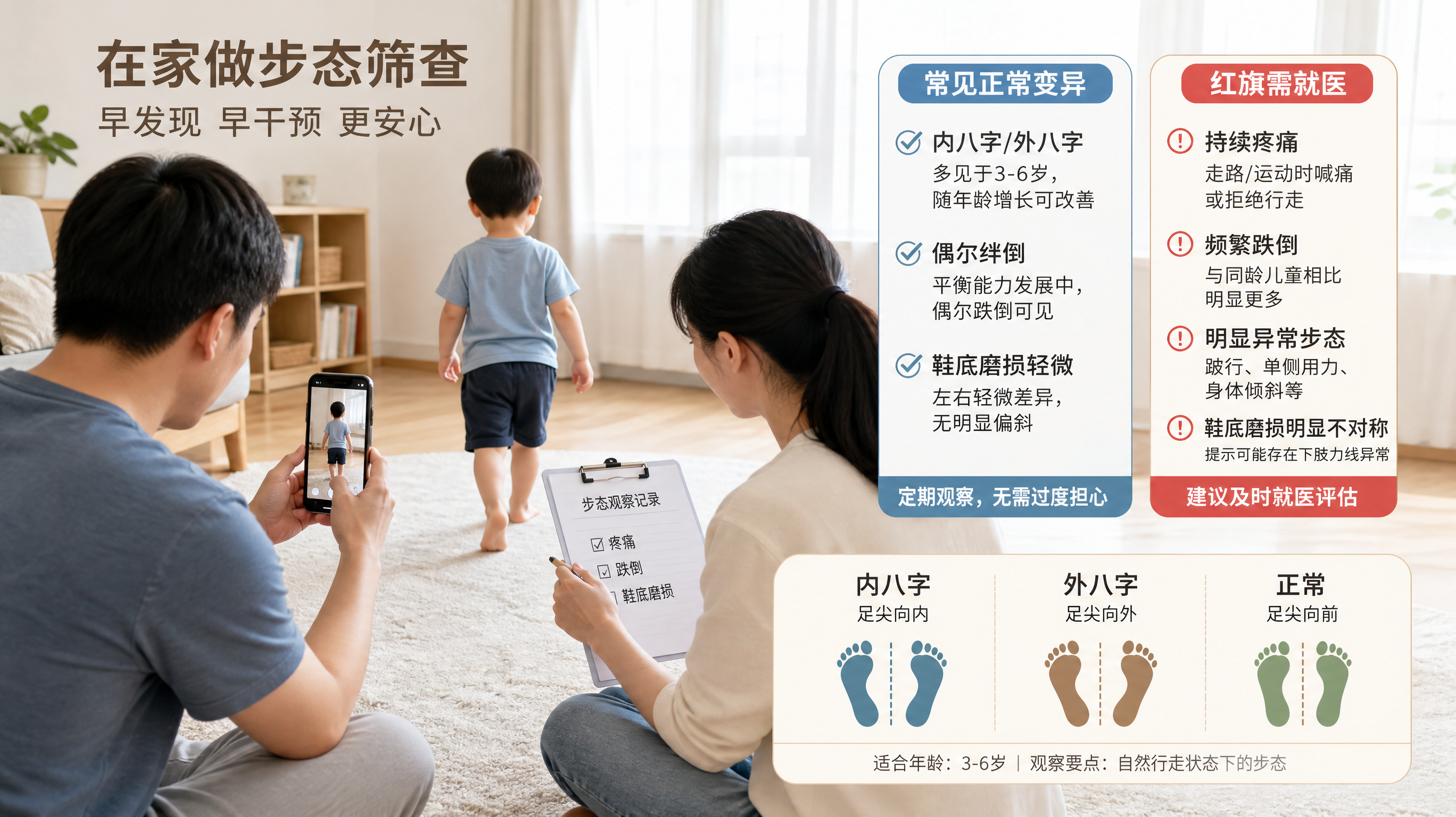 中国年轻父母在家中客厅为3-6岁中国幼儿做步态家庭筛查，父亲拿手机从后方拍摄孩子自然走路，母亲在一旁