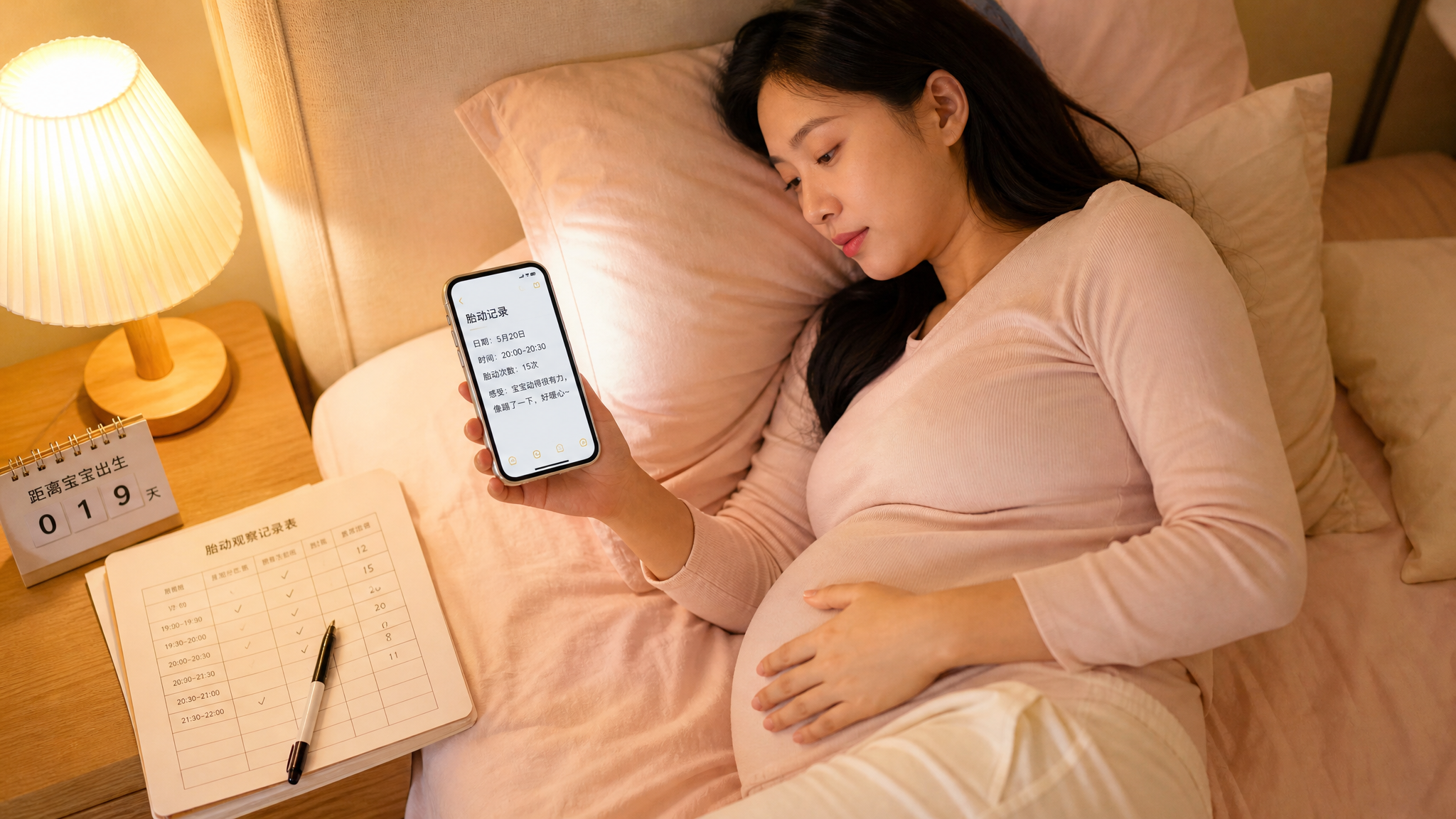 中国孕晚期年轻孕妇在温暖安静的卧室里侧卧休息，身旁床头灯柔和发光，她一手轻放在隆起的腹部感受胎动，另