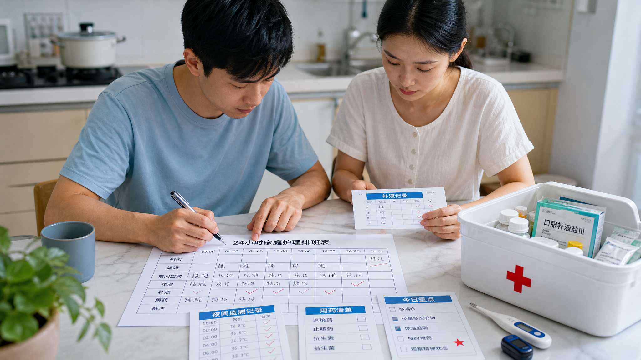 中国年轻父母在家中餐桌旁做“家庭护理交接班”，桌面放着打印的24小时排班表格与清单卡片，爸爸拿笔勾选