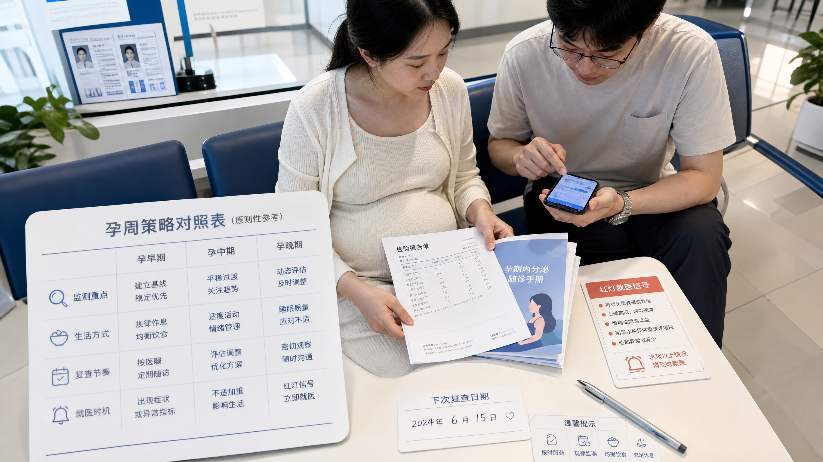 中国孕妇（年轻妈妈）坐在医院内分泌门诊候诊区的座椅上，手里拿着化验单与随诊手册，旁边中国年轻准爸爸拿