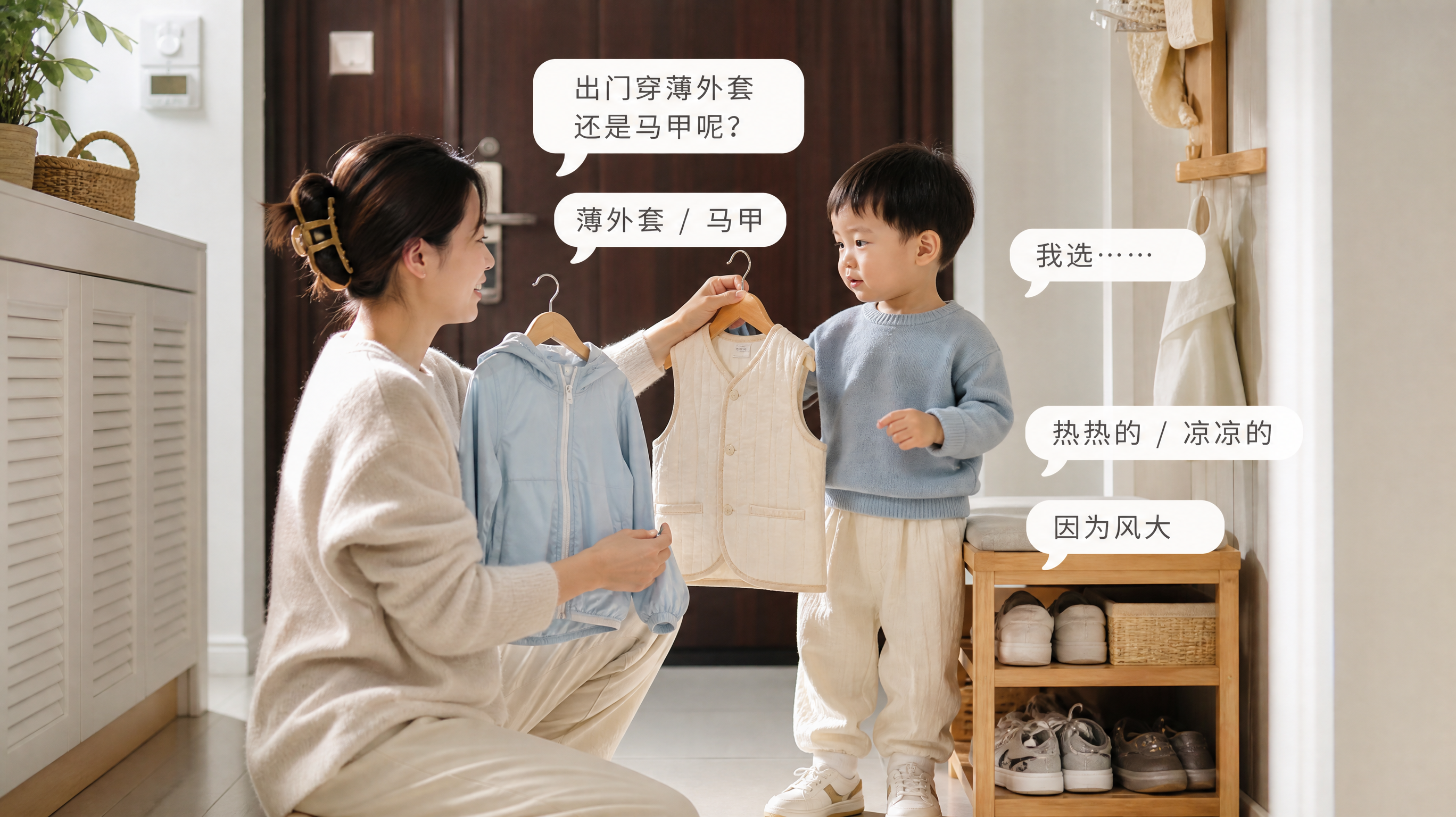 中国年轻妈妈在清晨家门口为中国1-3岁幼儿准备出门穿衣，孩子站在换鞋凳旁，妈妈手里拿着“薄外套”和“