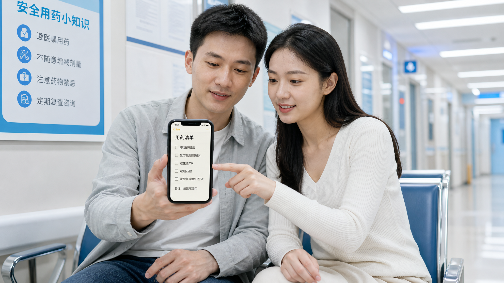 中国年轻夫妻在医院门诊走廊的等候区,男性手里拿着手机展示“用药清单”备忘录,女性在旁边一起查看并点头