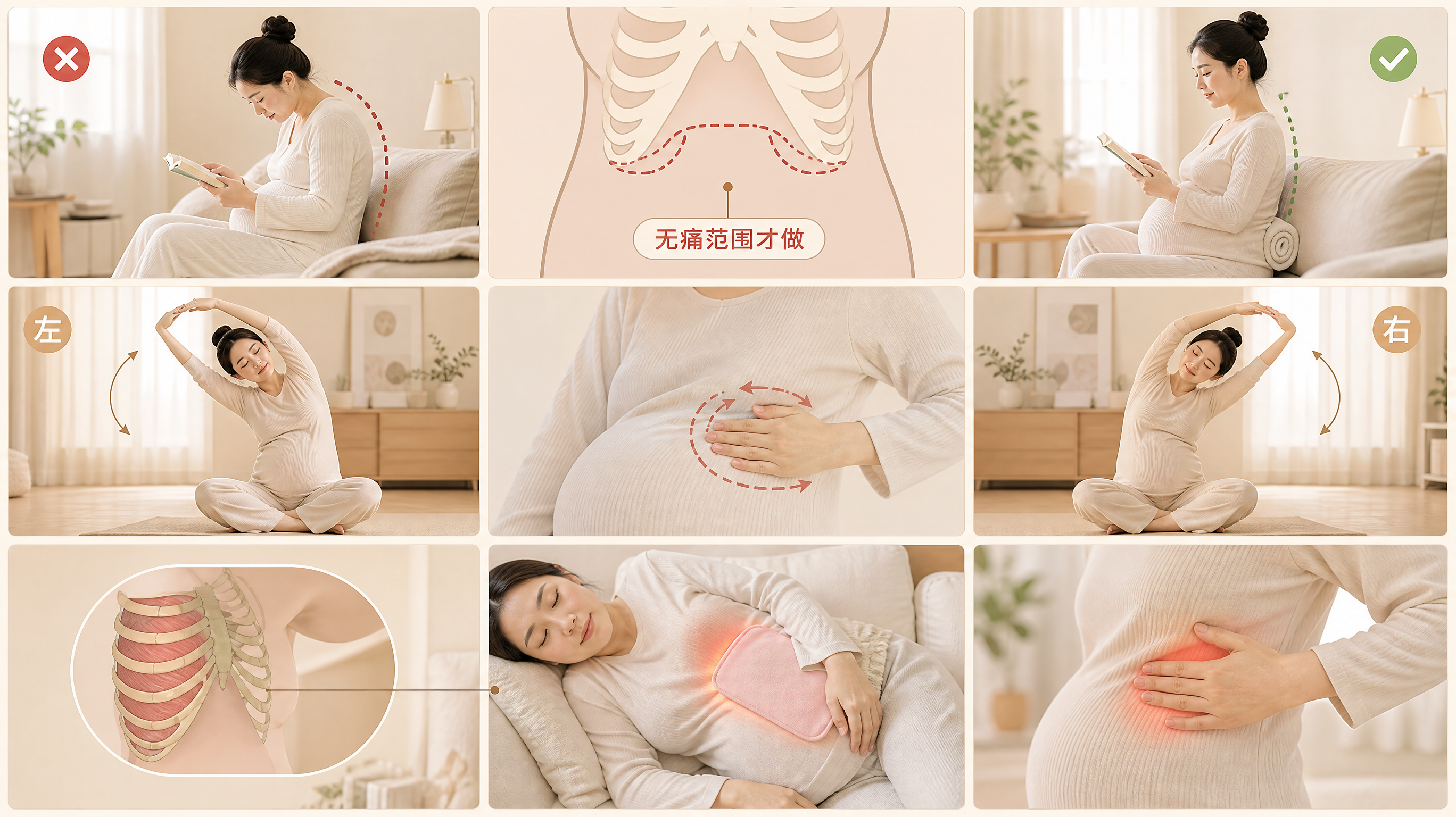 孕晚期肋骨下缘刺痛怎么办：4步物理缓解法