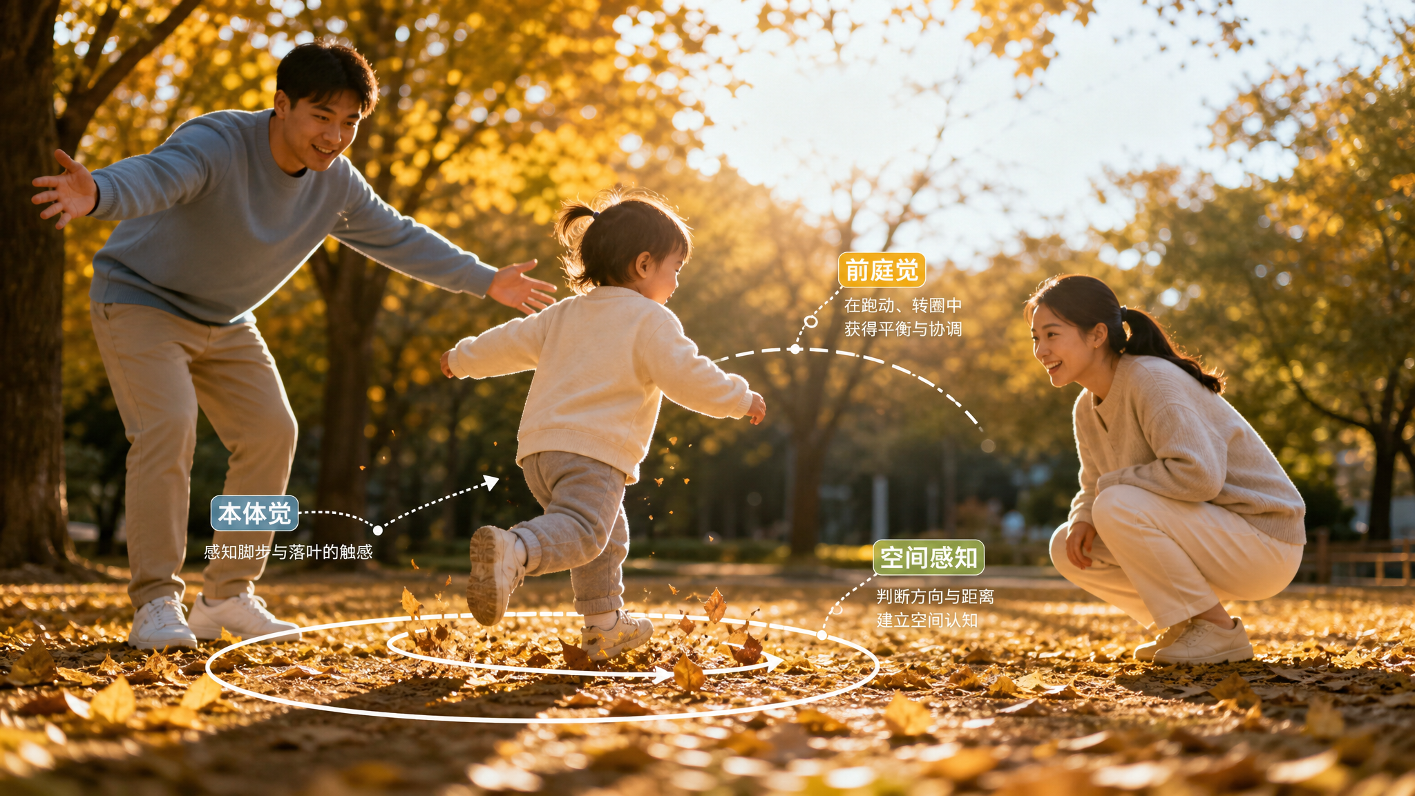 秋日公园场景，中国1-3岁幼儿在逆光下奔跑追逐自己的影子，地面铺满金黄色落叶；一位中国年轻爸爸在旁边