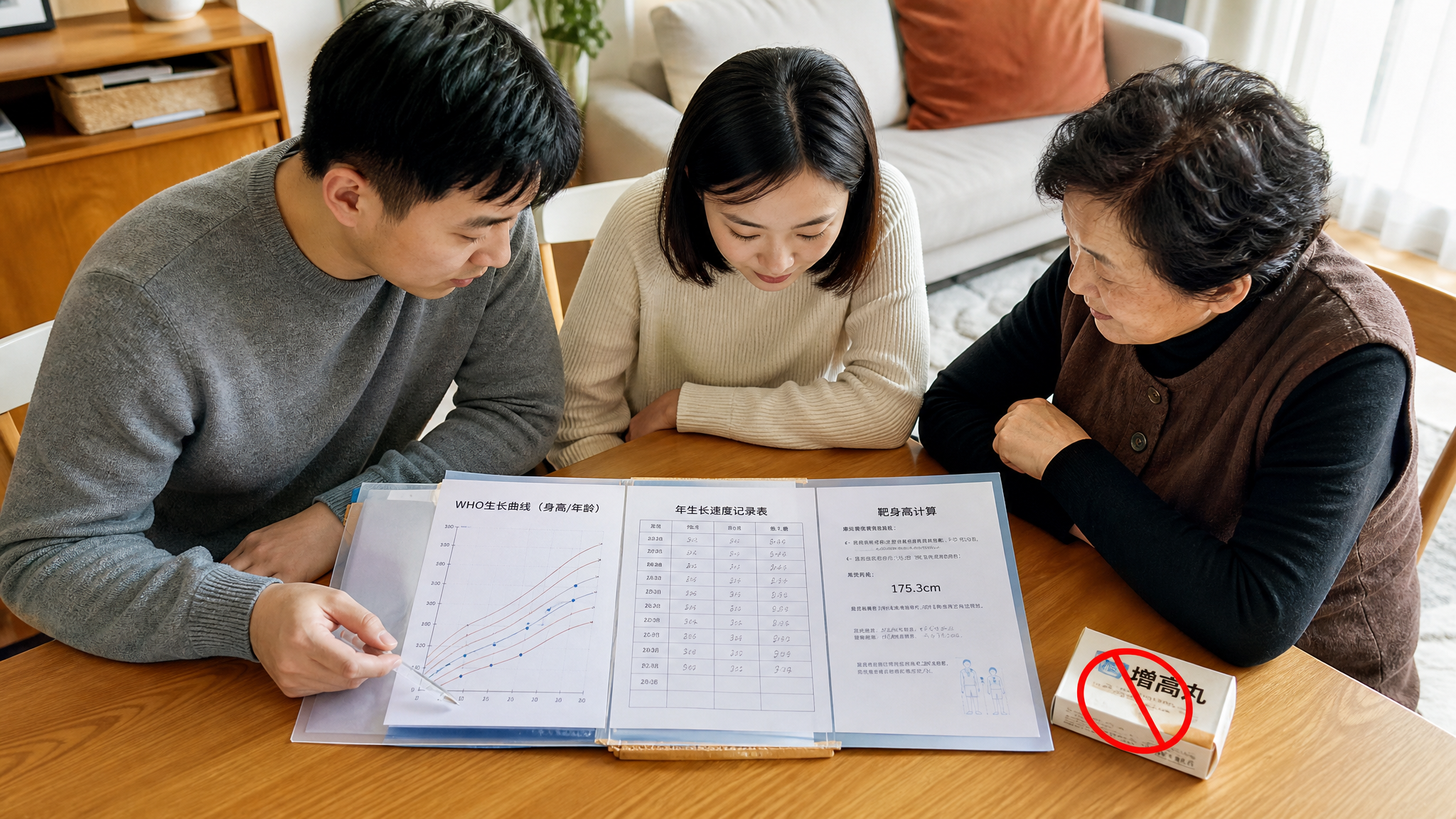 中国家庭客厅场景，秋日白天自然光；一位中国年轻爸爸和年轻妈妈坐在餐桌旁，面前摊开“发育档案夹”（文件