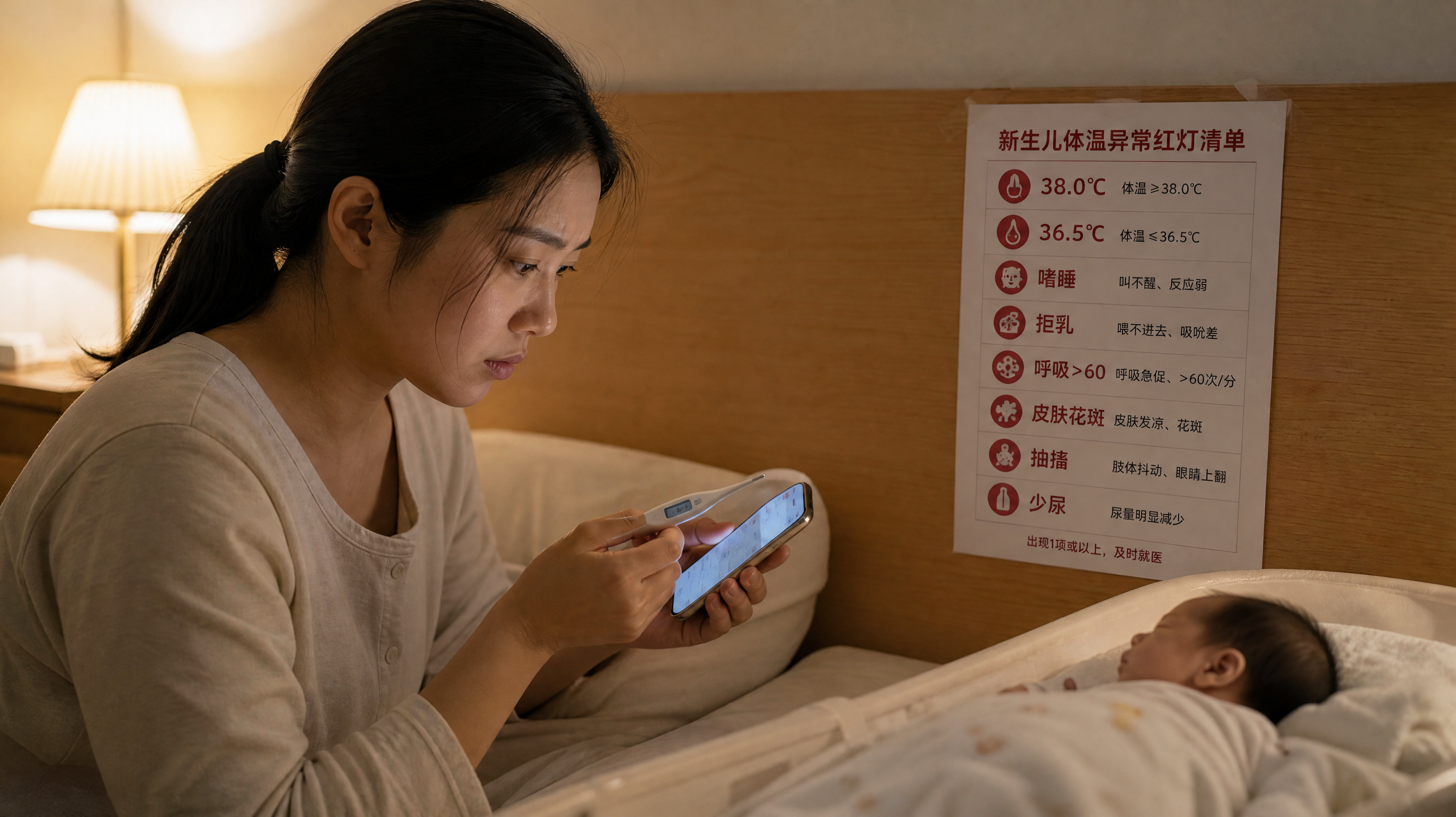 中国年轻妈妈在夜间卧室床边，手拿体温计和手机记录体温，旁边婴儿床里躺着28天内中国新生儿，画面核心主