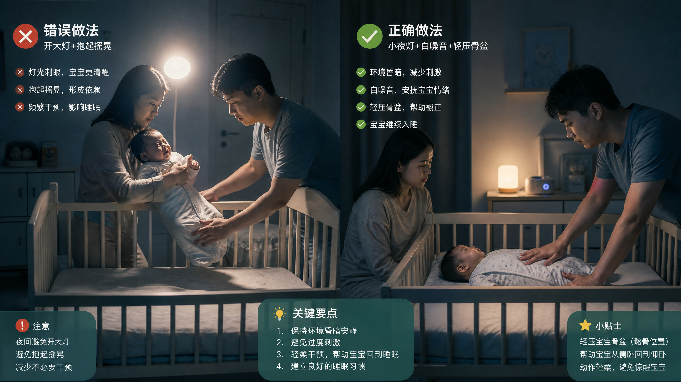 半夜闭眼翻身翻不过去就哭？3步无感接觉法