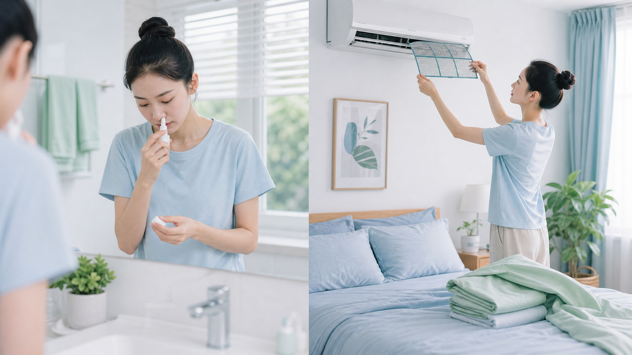 清爽蓝绿调的生活方式科普配图，场景为明亮整洁的卧室与洗手台组合画面（可分屏构图），中国年轻女性站在洗