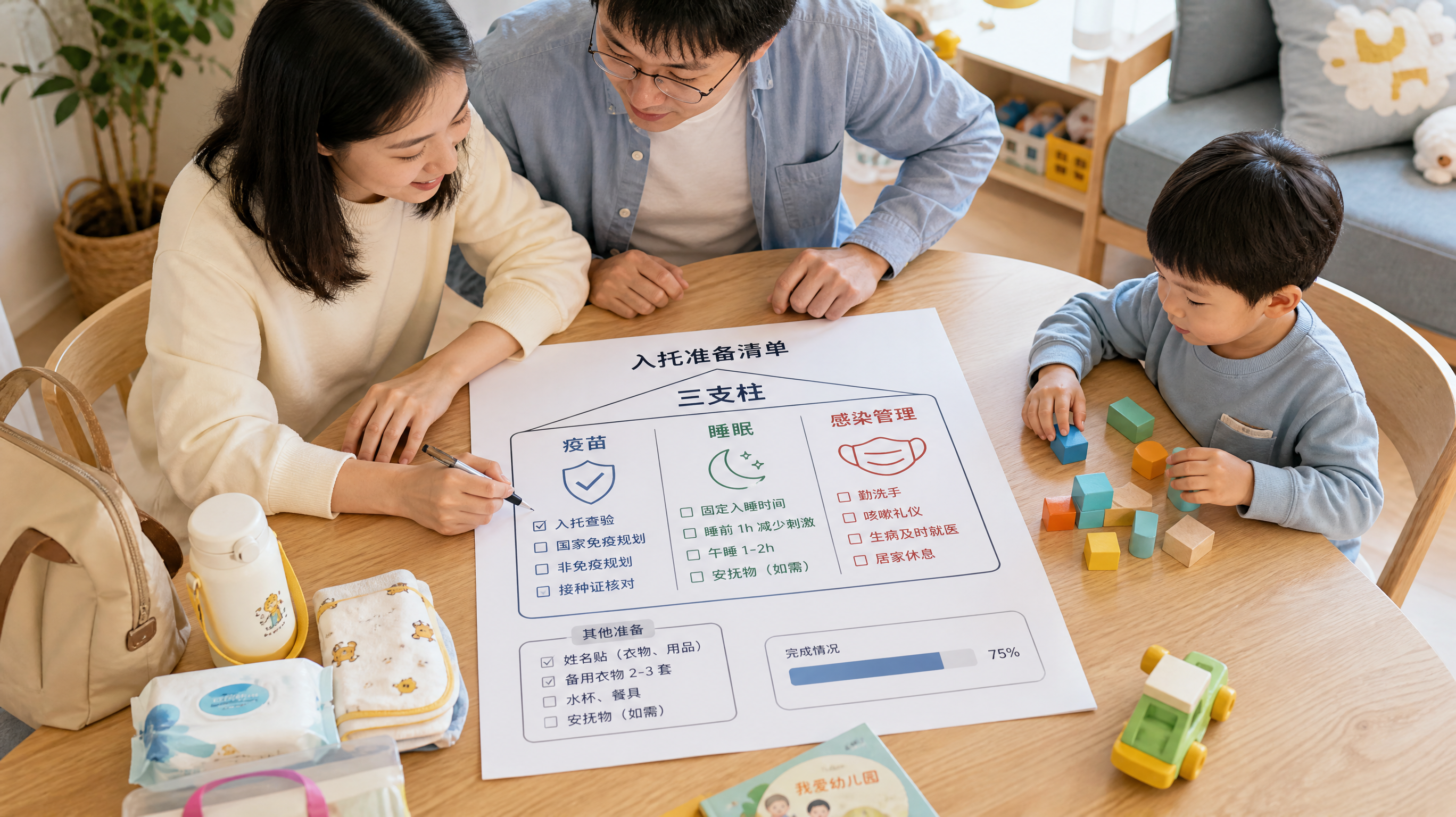 中国年轻父母在家中餐桌旁为中国幼儿整理入托准备清单的场景，桌面上有一张“三支柱”示意图（疫苗、睡眠、