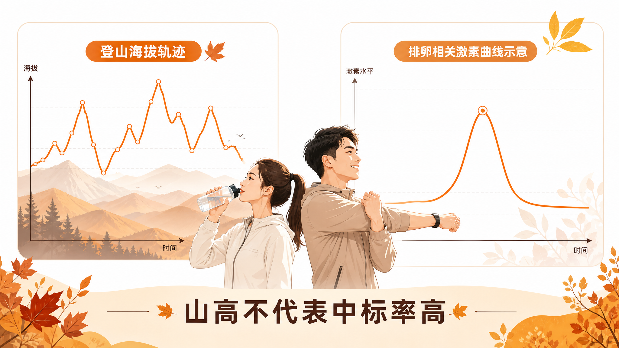 信息图风格插画，画面左右对比构图，左侧为“登山海拔轨迹”折线图，曲线起伏明显，背景是深秋山景剪影；右