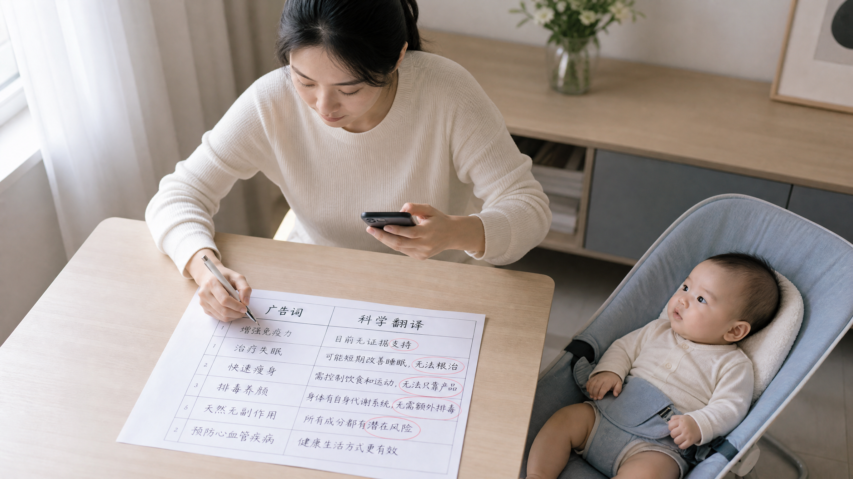 中国年轻妈妈在家中书桌前，桌面放着一张简洁的对照表纸张，上面清晰分栏写着“广告词”和“科学翻译”（中
