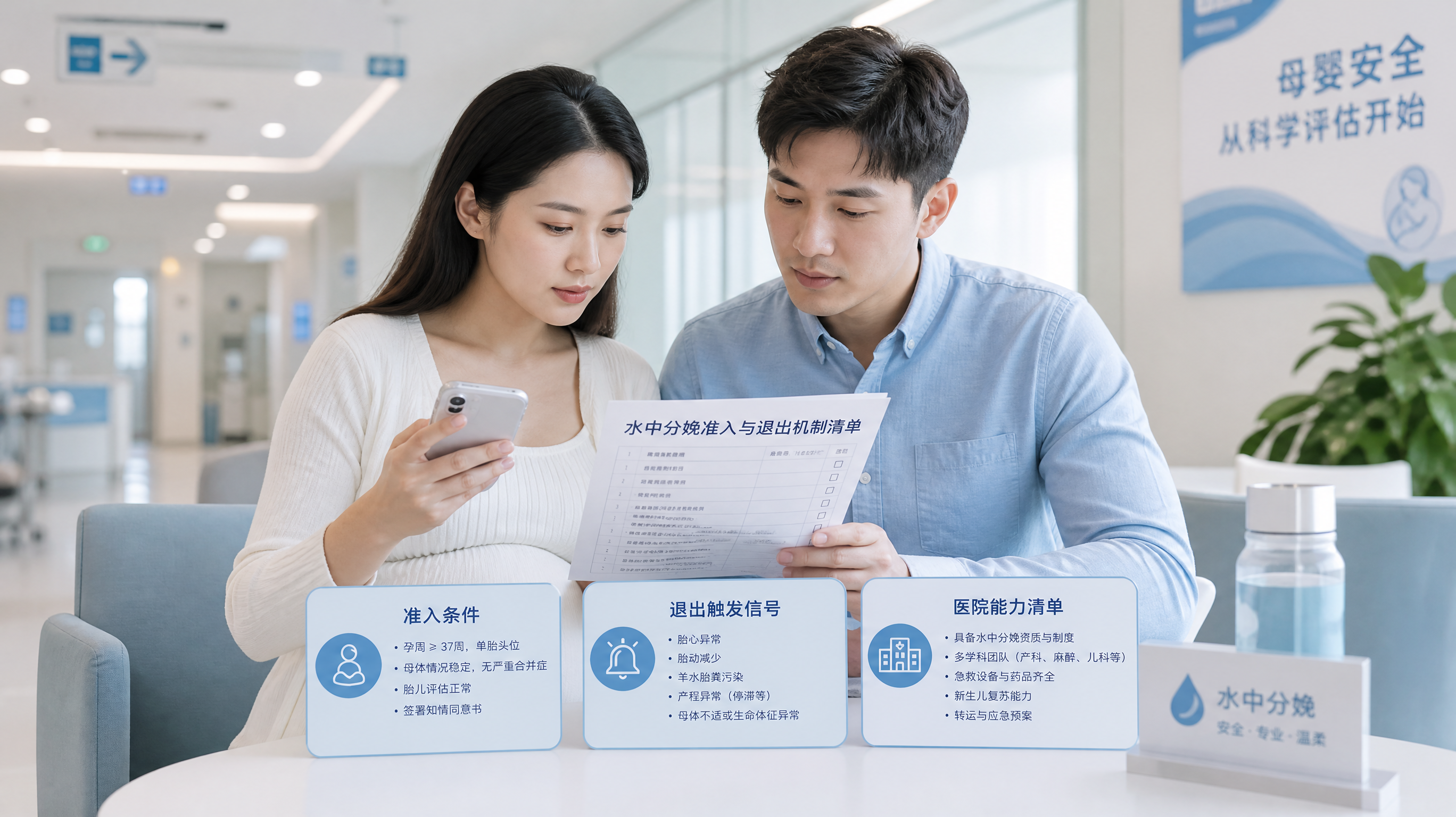 中国年轻孕妇与中国年轻准爸爸在医院产科候诊区阅读“水中分娩准入与退出机制”清单，手里拿着手机备忘录和