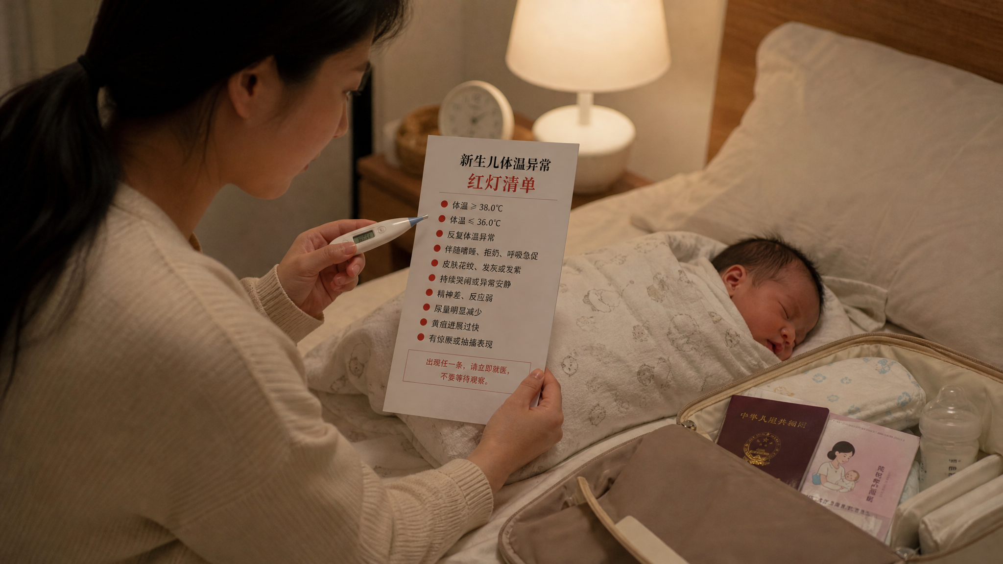 中国年轻妈妈在夜晚卧室里，台灯柔和暖光照明，妈妈一手拿电子体温计一手拿纸质“新生儿体温异常红灯清单”