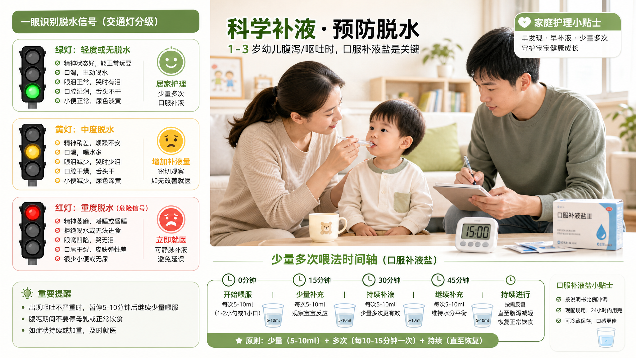 孩子腹泻呕吐先别禁食：脱水分级+口服补液盐喂法