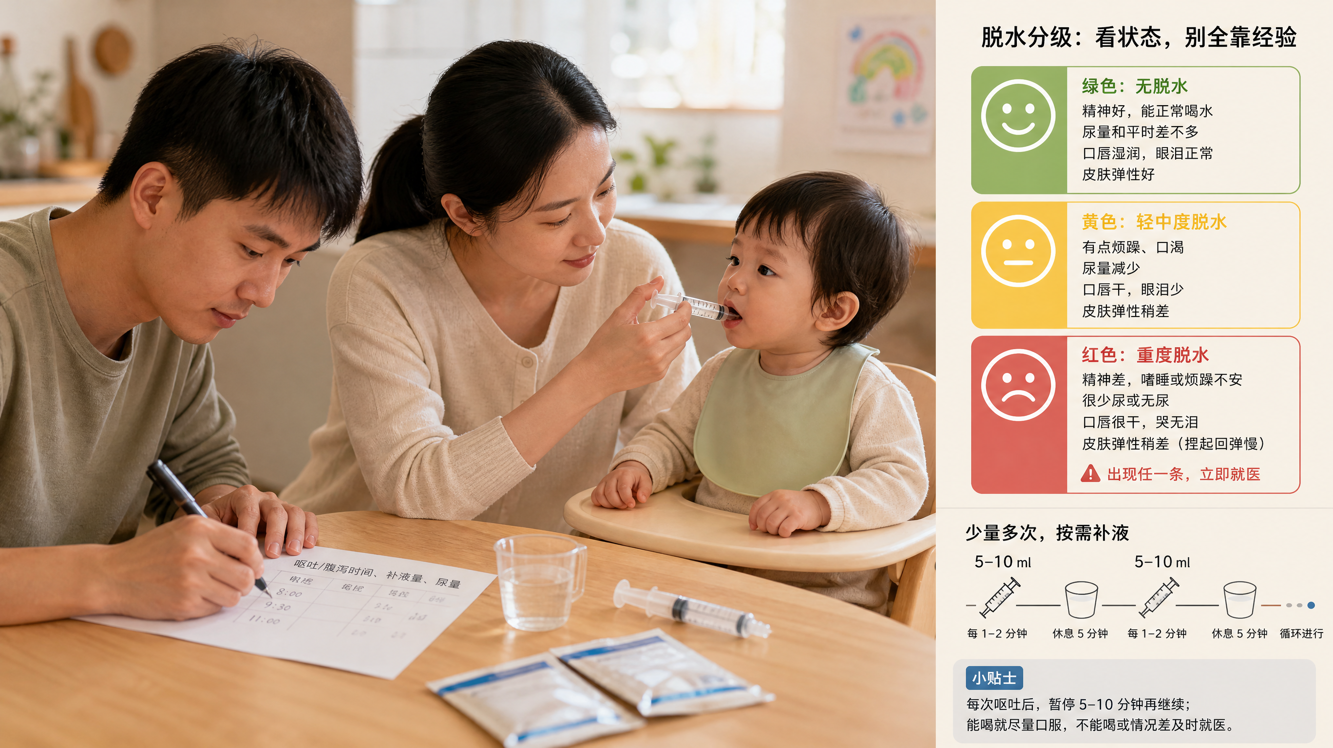 中国年轻父母在家中明亮厨房/餐桌旁照顾一位1-3岁中国幼儿，桌面摆放口服补液盐小袋、量杯、无针针筒，