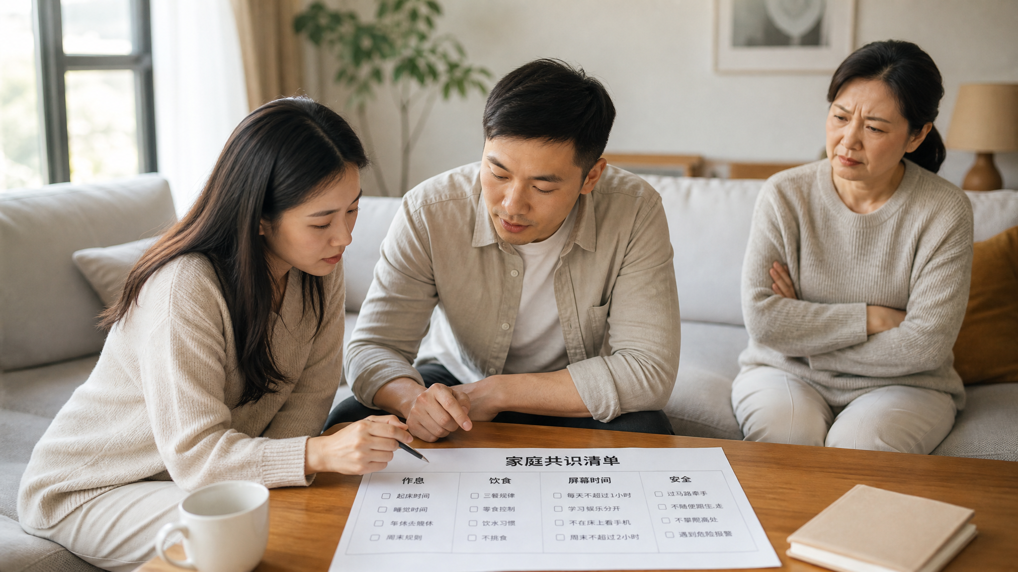 中国家庭室内客厅场景，中国年轻妈妈与中国年轻爸爸坐在餐桌旁一起填写“家庭共识清单”纸张，旁边一位中国