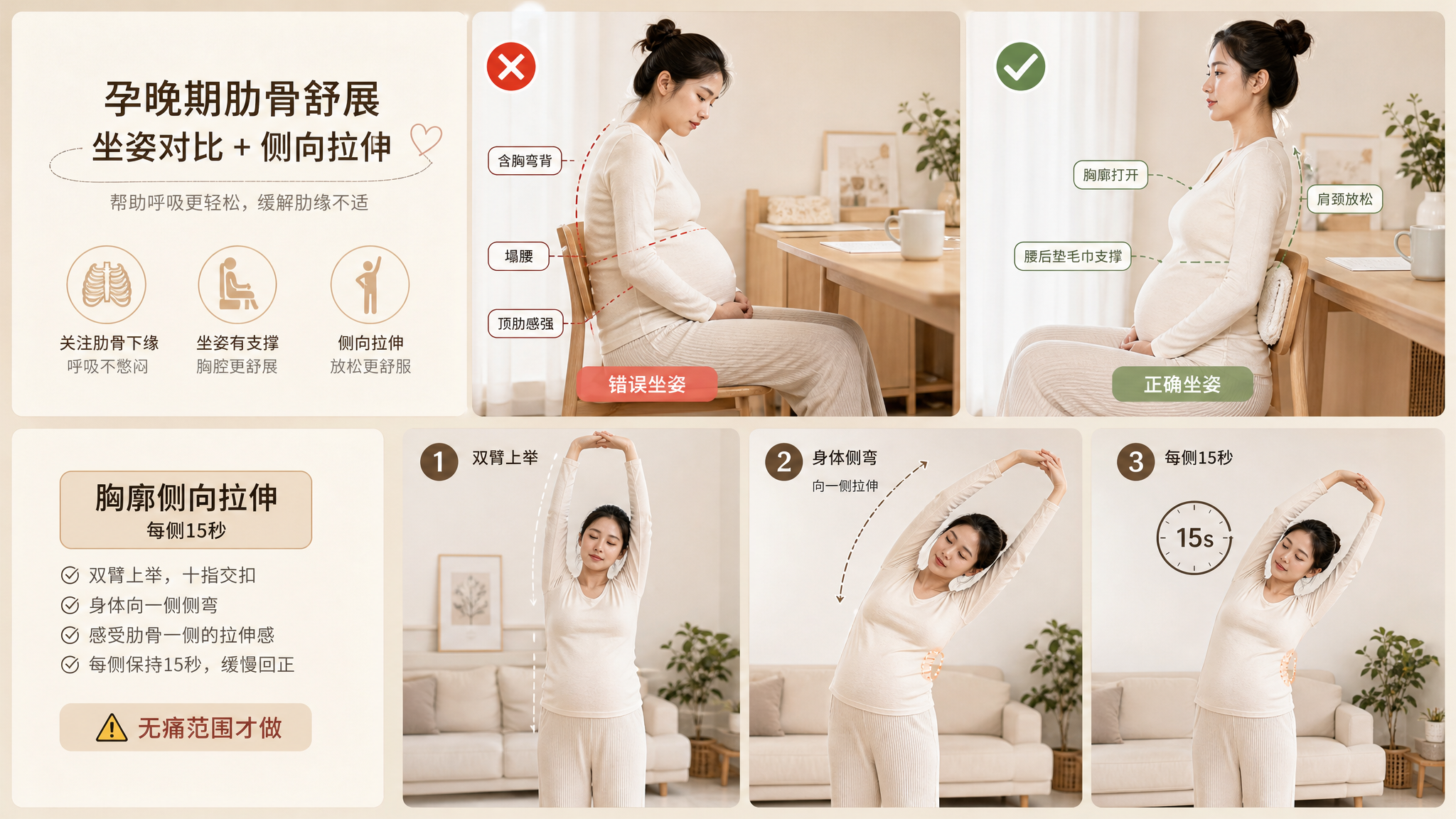 孕晚期肋骨下缘刺痛怎么办：4个无器械缓解法+就医红线