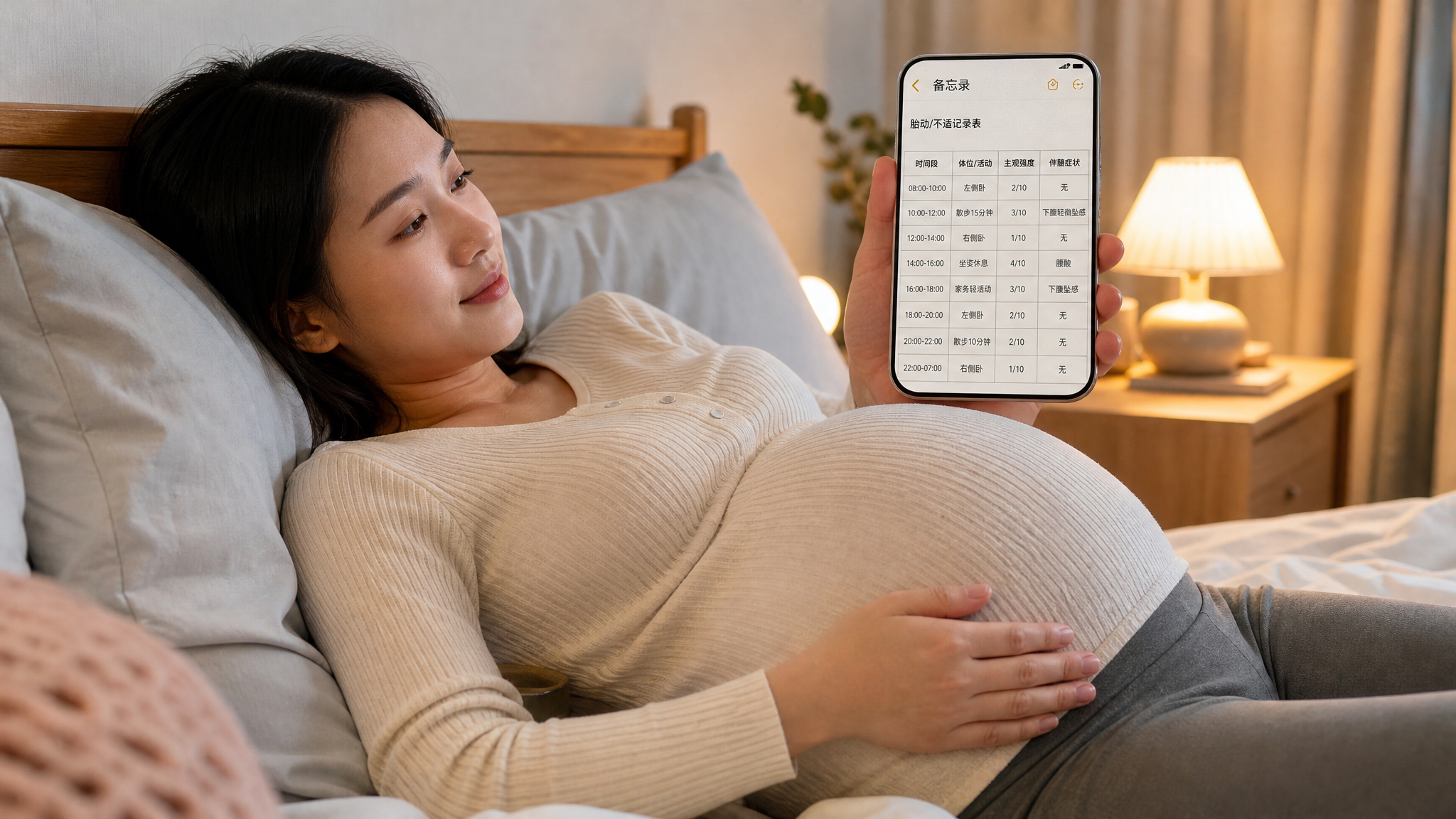 中国孕晚期年轻孕妇在卧室床上侧卧休息，床头暖色台灯柔和照明，孕妇一手轻放在腹部感受胎动，另一手拿着手