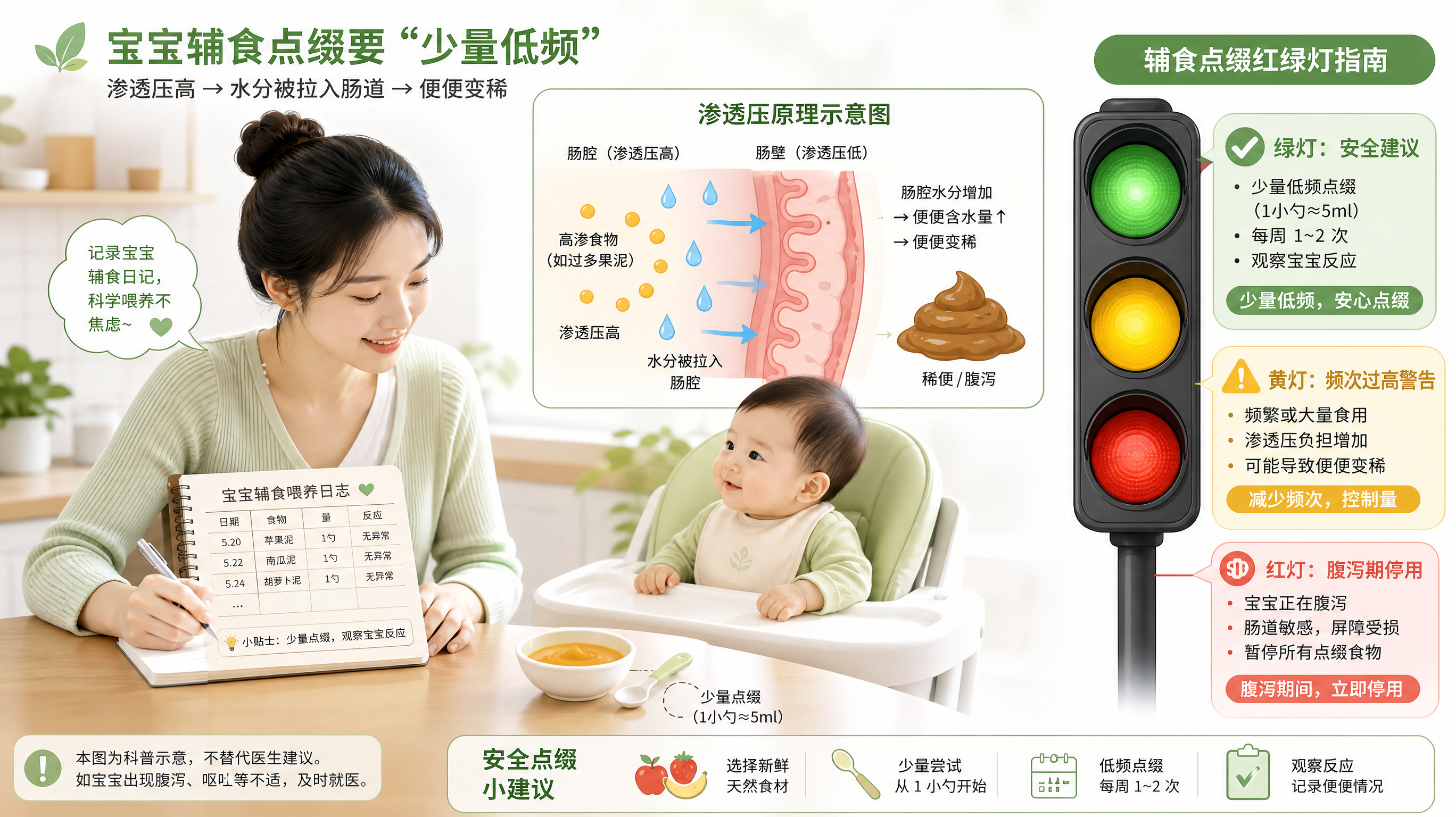 医学科普插画风格画面，中国年轻妈妈在餐桌旁记录宝宝辅食喂养日志，中国婴儿坐在儿童餐椅上，桌面有小碗果