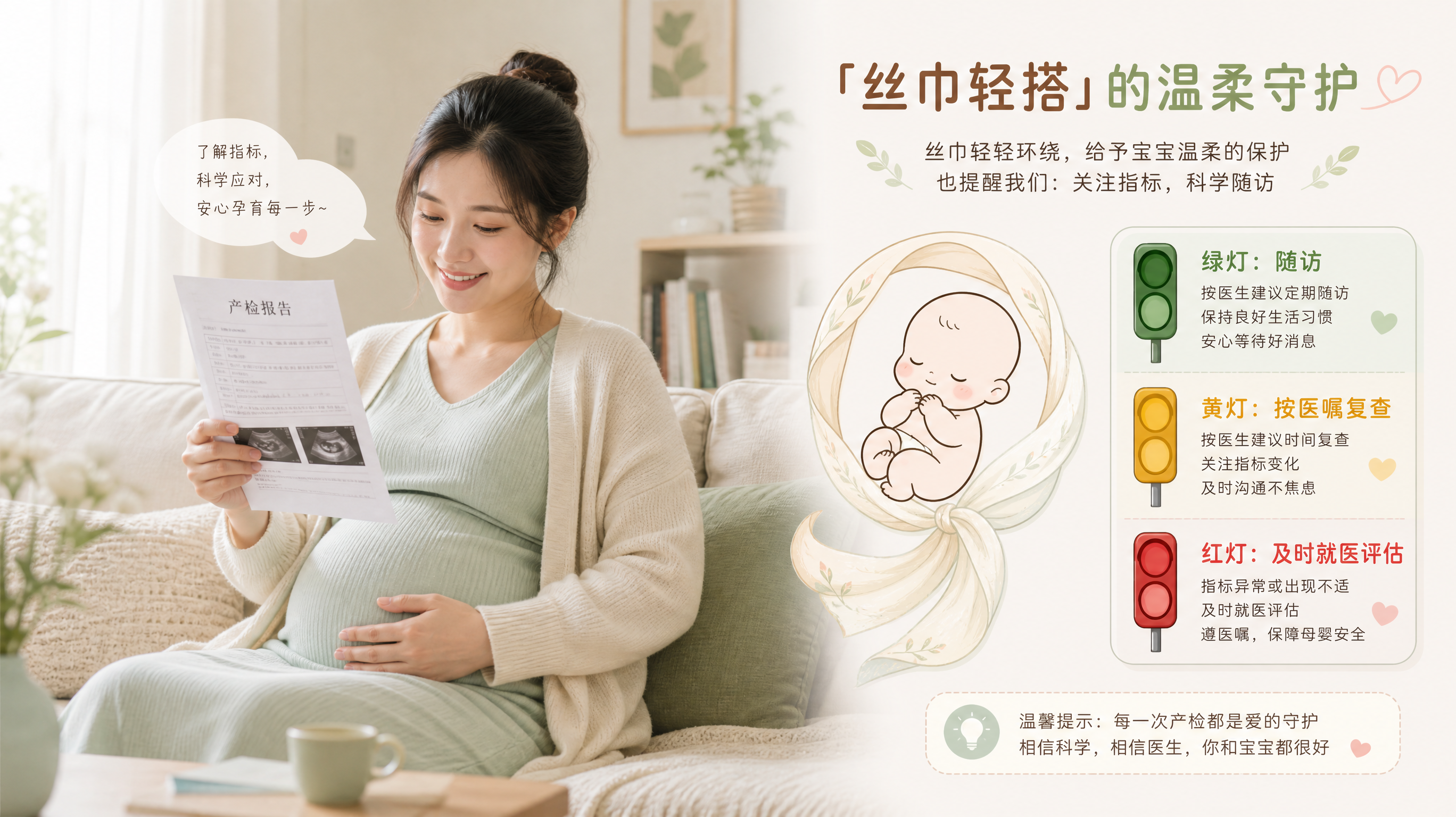 温柔科普插画风格，一位中国孕妈坐在家中明亮整洁的客厅沙发上，手里拿着产检报告，表情从焦虑转为安心；画