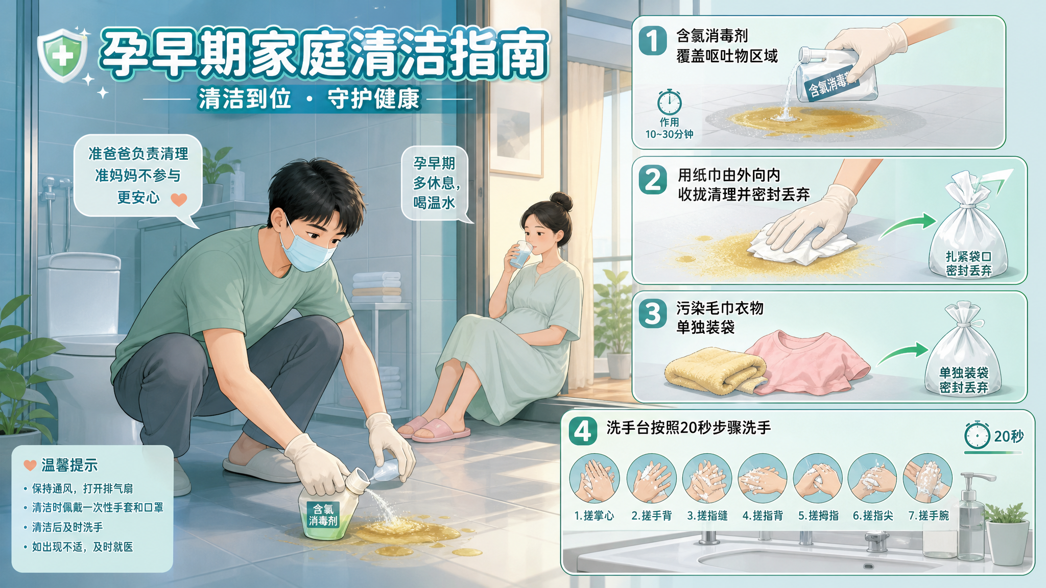 蓝绿色清洁健康风的漫画信息图，场景为中国家庭卫生间与洗手台相邻的空间，中国年轻准爸爸戴一次性手套清理