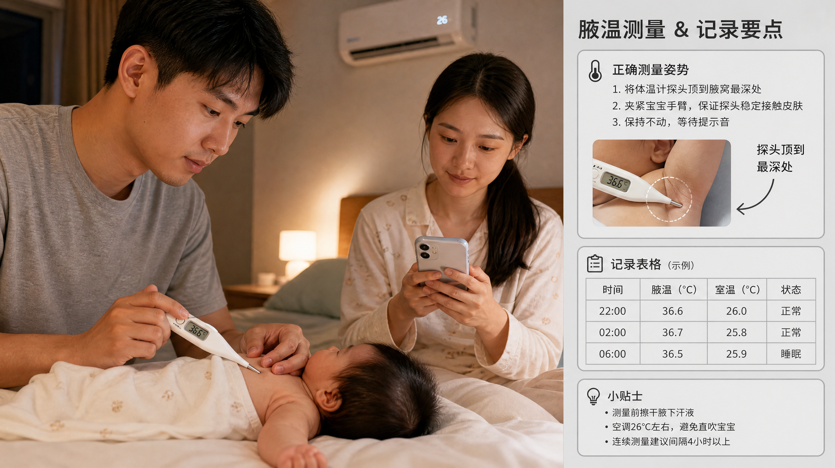 中国年轻家长在夜间卧室为新生儿测腋温的场景，中国家长坐在床边手持数字体温计，将探头正确顶到宝宝腋窝最
