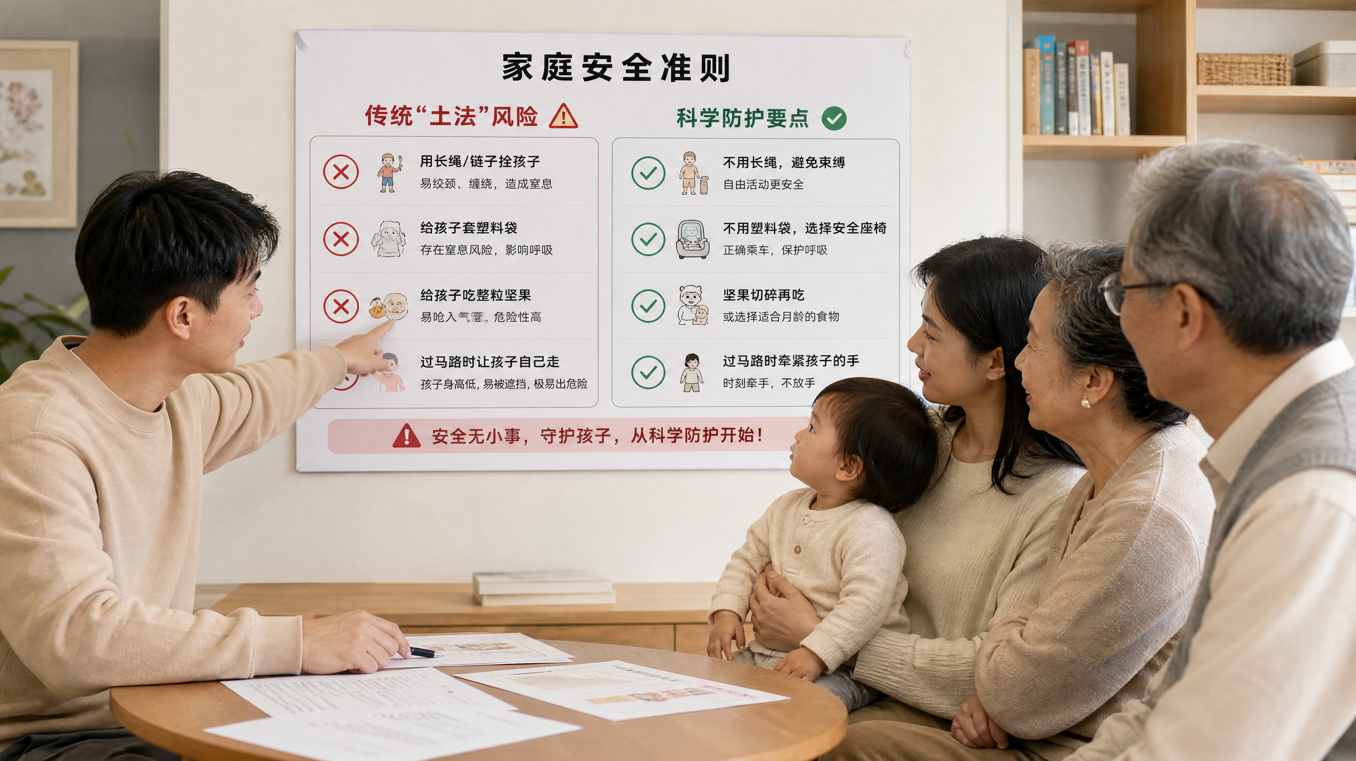 中国年轻父母与两位中国长辈在明亮整洁的客厅里一起讨论育儿安全规则,墙上贴着一张醒目的“家庭安全准则”