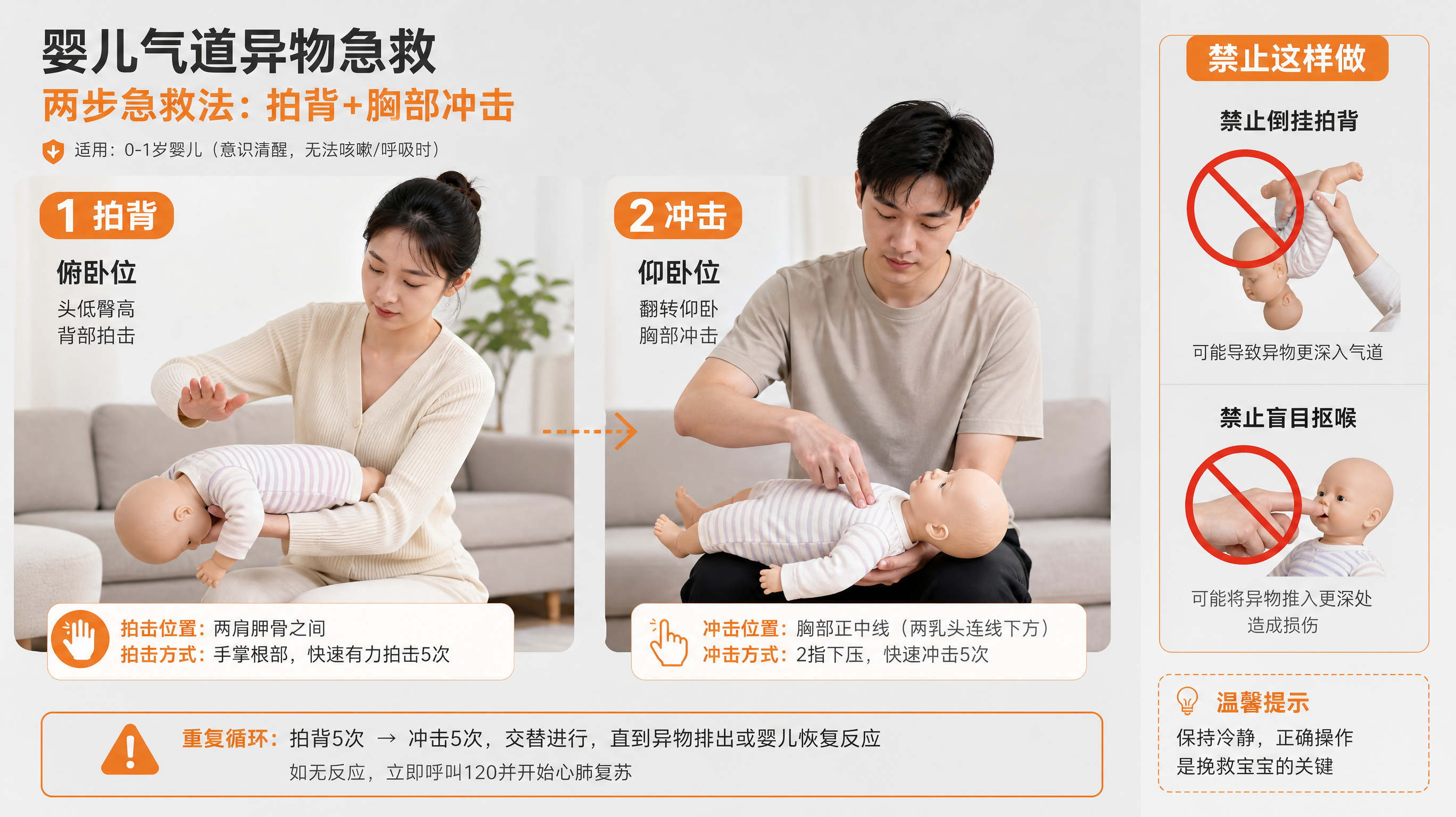 中国年轻父母在家中客厅进行婴儿气道异物急救演示,画面分步骤呈现“婴儿俯卧前臂头低臀高进行背部拍击”和