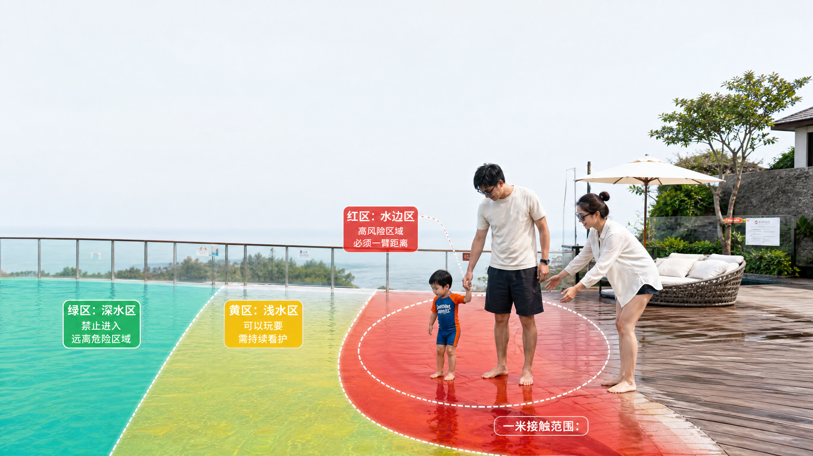 一张信息图风格的育儿安全科普配图，场景为国庆出游的民宿泳池边与浅水区，画面中有中国年轻爸爸在一臂距离