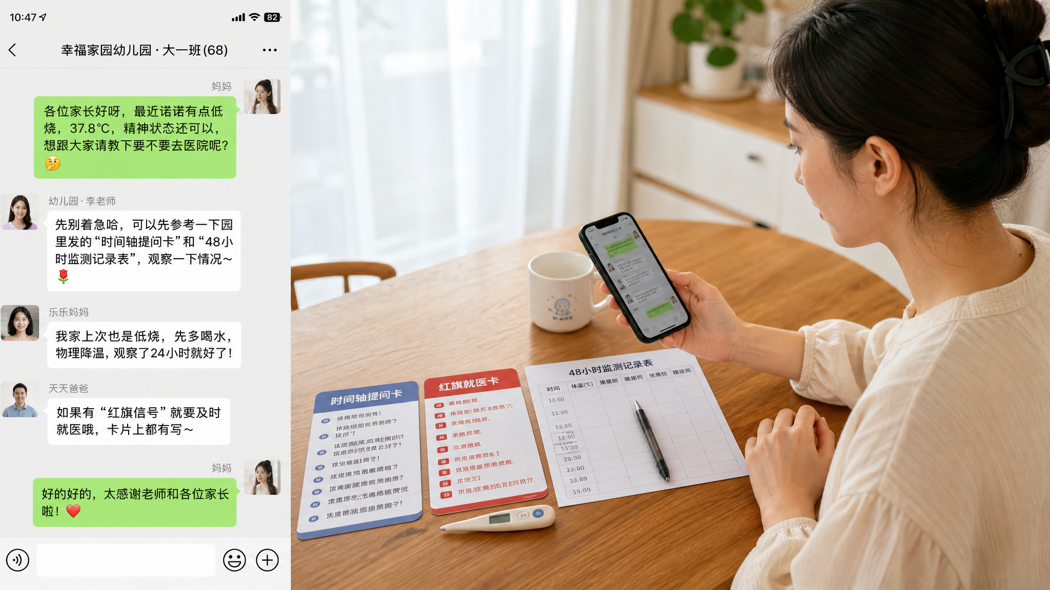 中国年轻妈妈坐在家中餐桌旁，手里拿手机正在家长群内沟通，桌上摊开一张简洁的“就医警示卡”和“48小时监测记录表”