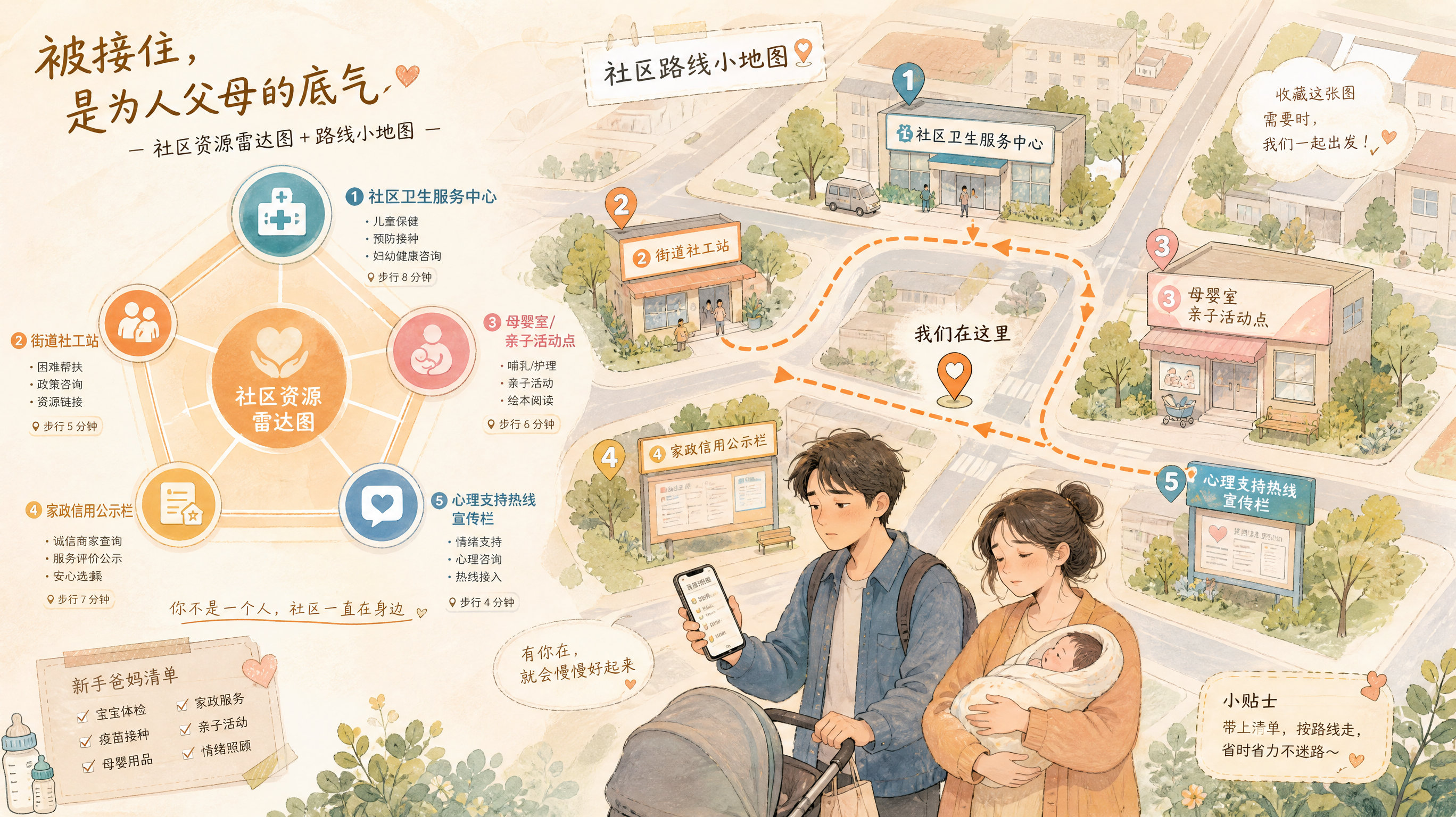 手绘地图风格插画，一张“社区资源雷达图+路线小地图”的组合画面；场景为中国城市社区街区俯视示意，包含