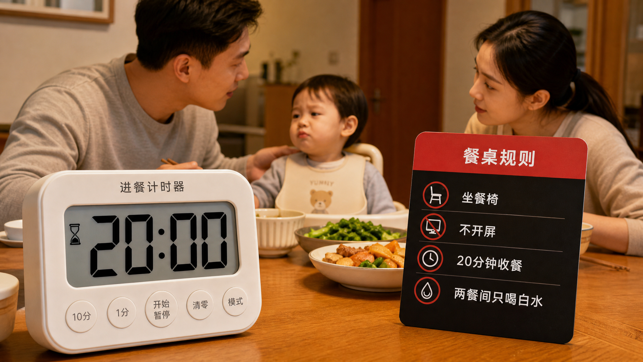 中国家庭餐厅场景,中国年轻妈妈和年轻爸爸陪1-3岁中国幼儿坐在儿童餐椅旁吃饭,餐桌上整洁简单的家常饭
