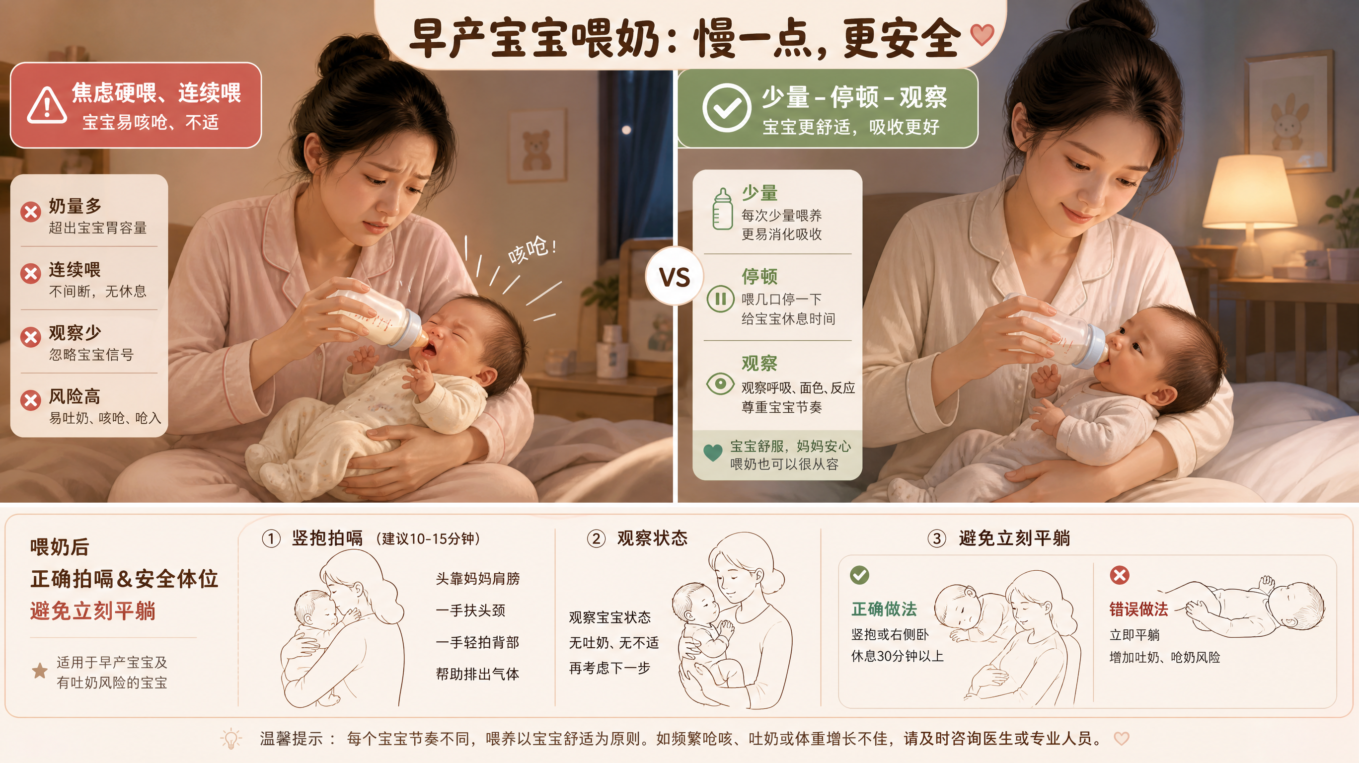 中国年轻妈妈在夜晚柔和灯光的卧室里，抱着中国早产新生儿进行喂奶，画面分为左右对比的条漫式构图：左侧是