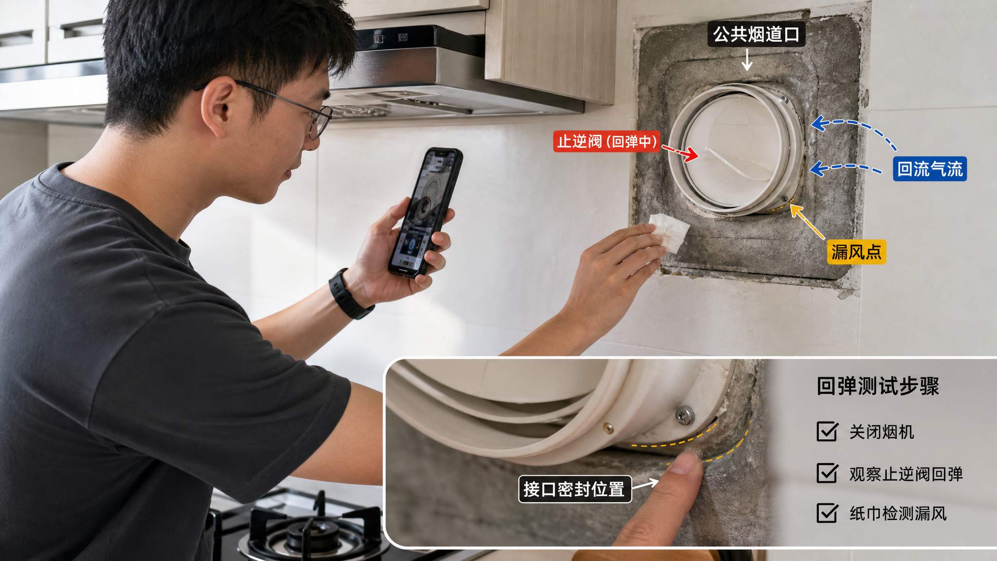 中国家庭厨房场景,一位中国年轻业主在灶台旁用手机拍摄烟道止逆阀回弹测试,另一只手拿着一小片纸巾靠近烟