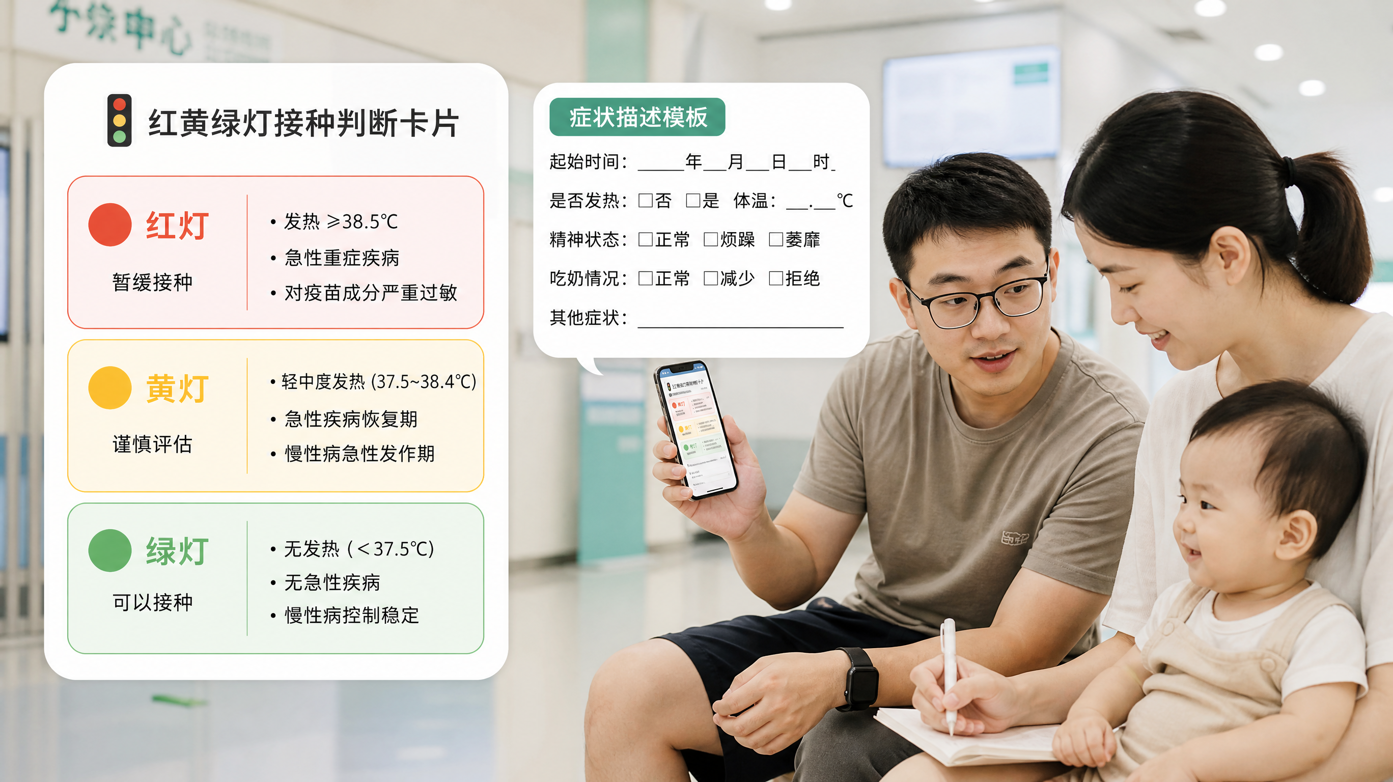中国社区门诊候诊区场景,一位中国年轻妈妈和中国年轻爸爸带着中国婴幼儿坐在候诊椅上,爸爸手里拿着手机展
