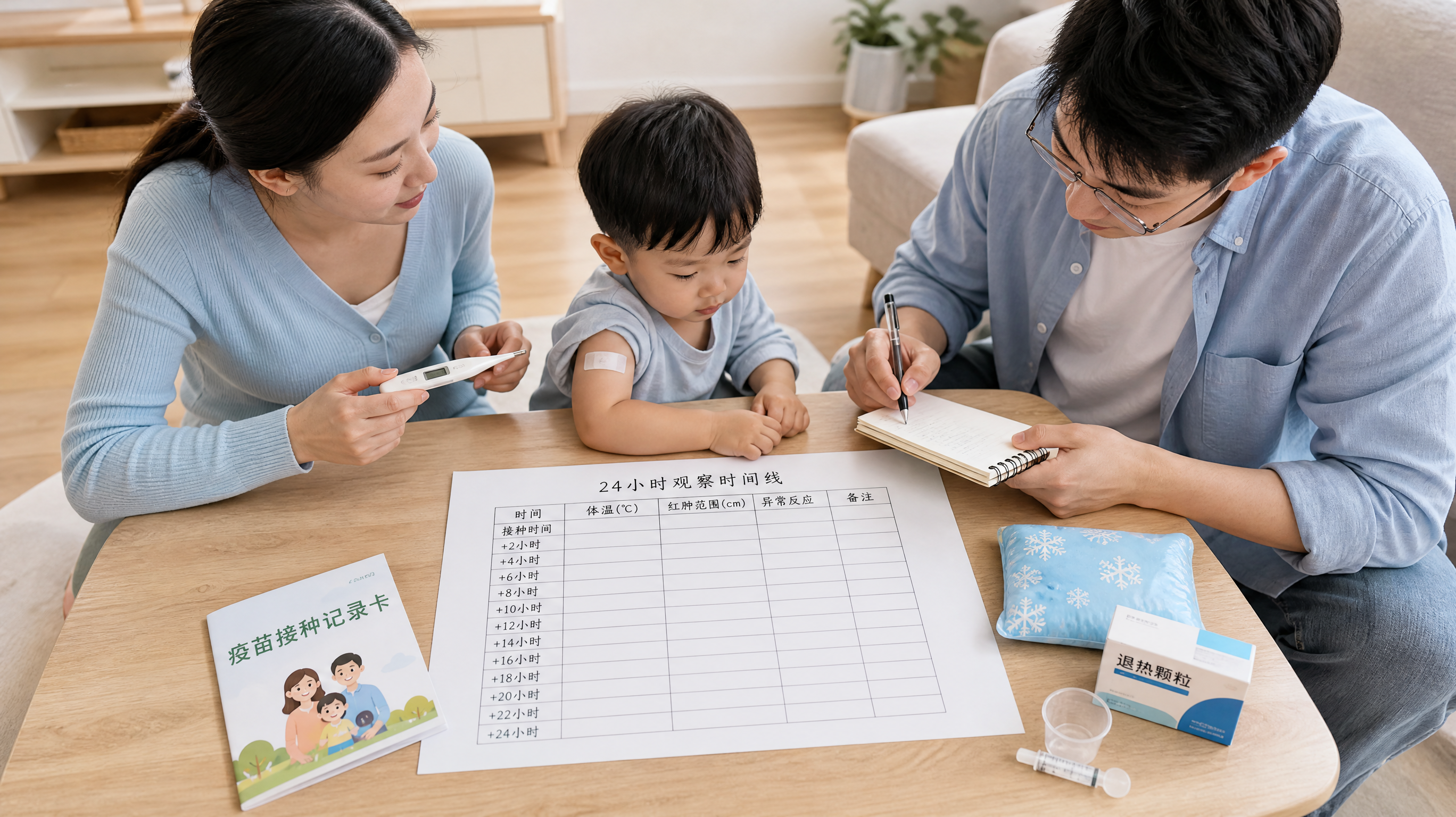 中国年轻妈妈与中国年轻爸爸在家中明亮整洁的客厅里照顾接种疫苗后的中国幼儿,妈妈手持电子体温计在旁记录