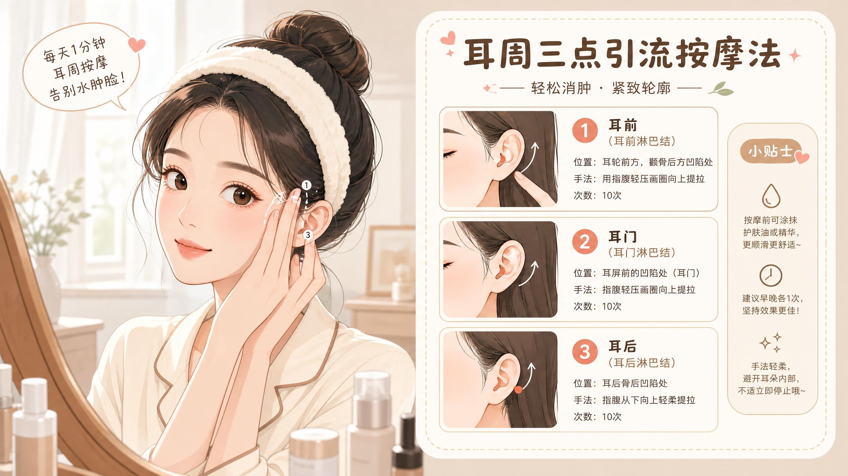 初秋脸肿眼下暗？把护理换到耳周这3点