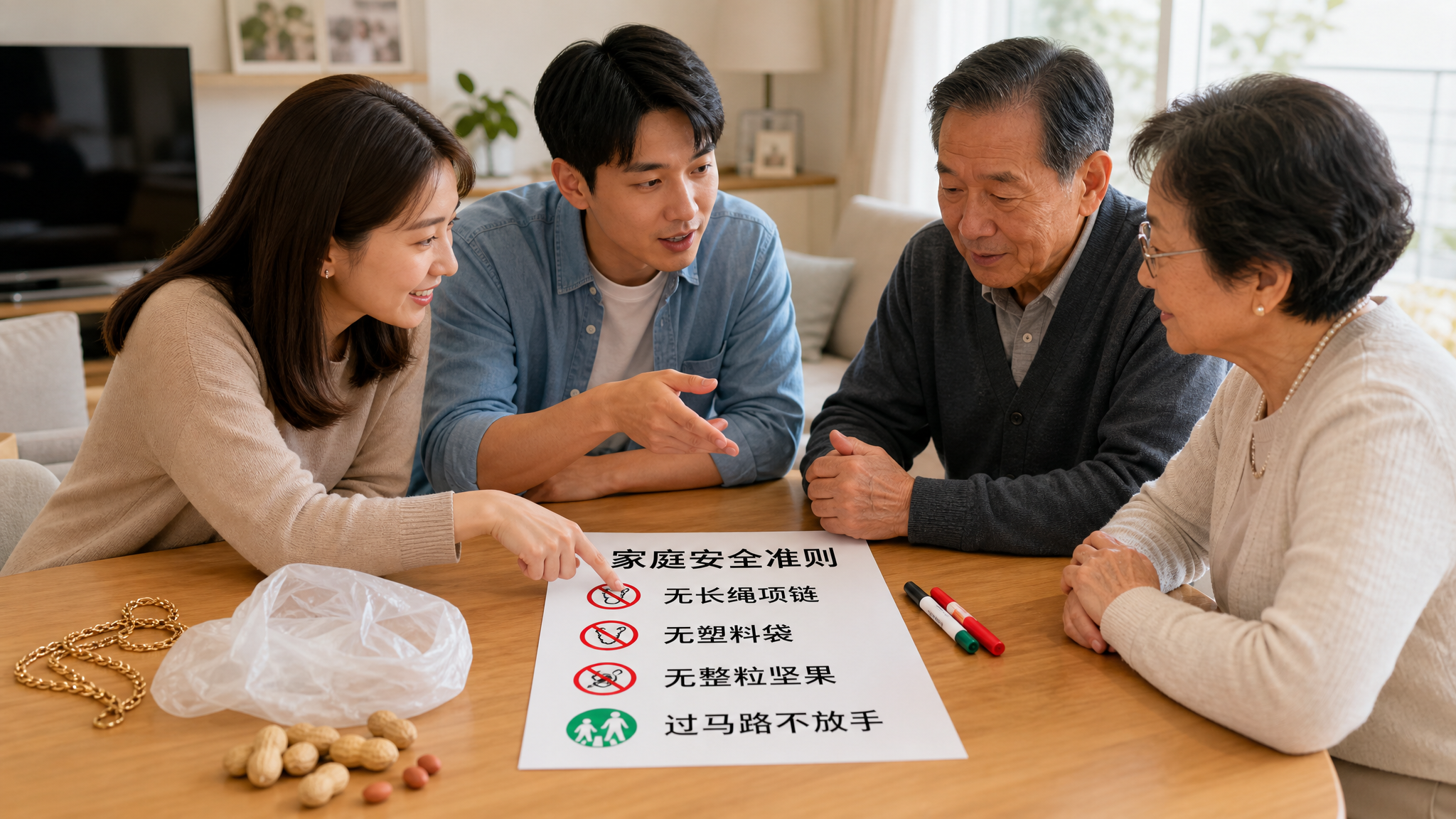 中国年轻父母与一位中国爷爷奶奶在家中客厅的餐桌旁沟通育儿安全规则,桌上放着“家庭安全准则”A4打印纸