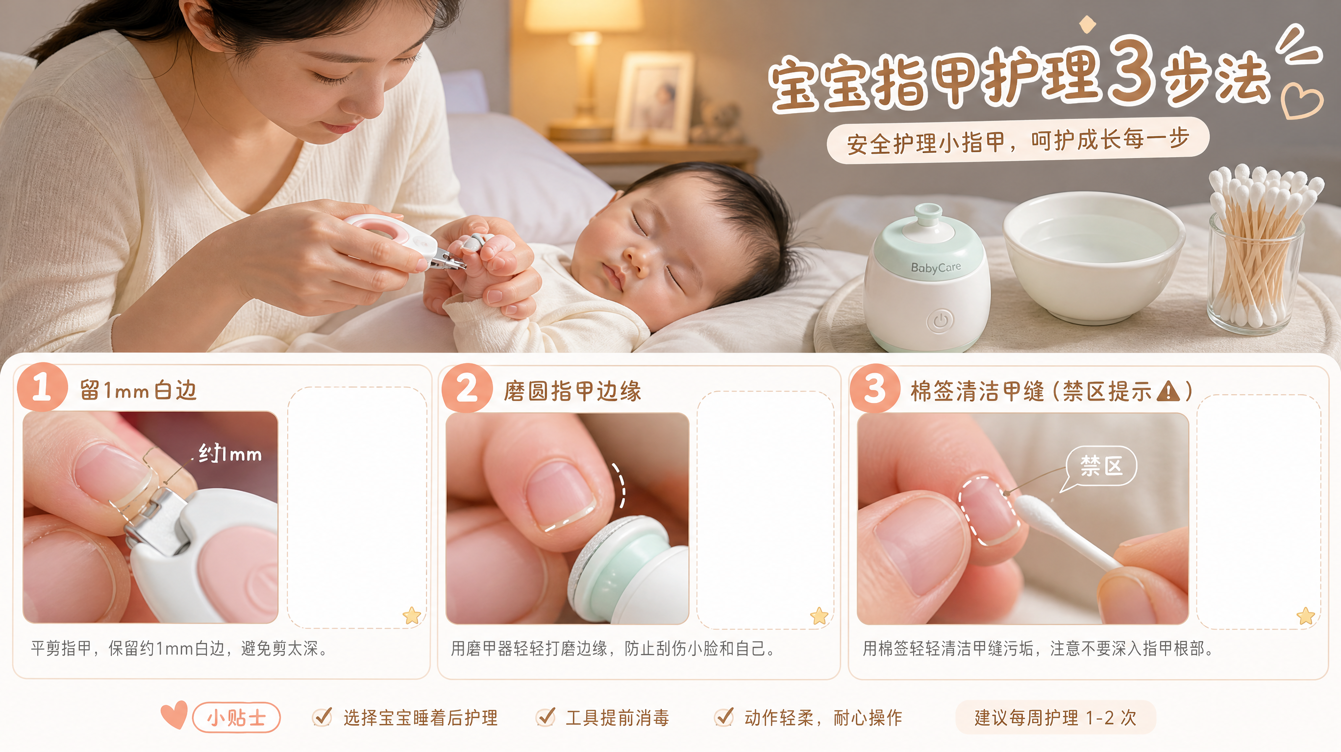中国年轻妈妈在卧室柔和灯光下,宝宝(0-1岁中国婴儿)熟睡,妈妈双手轻托宝宝小手用婴儿专用指甲剪进行
