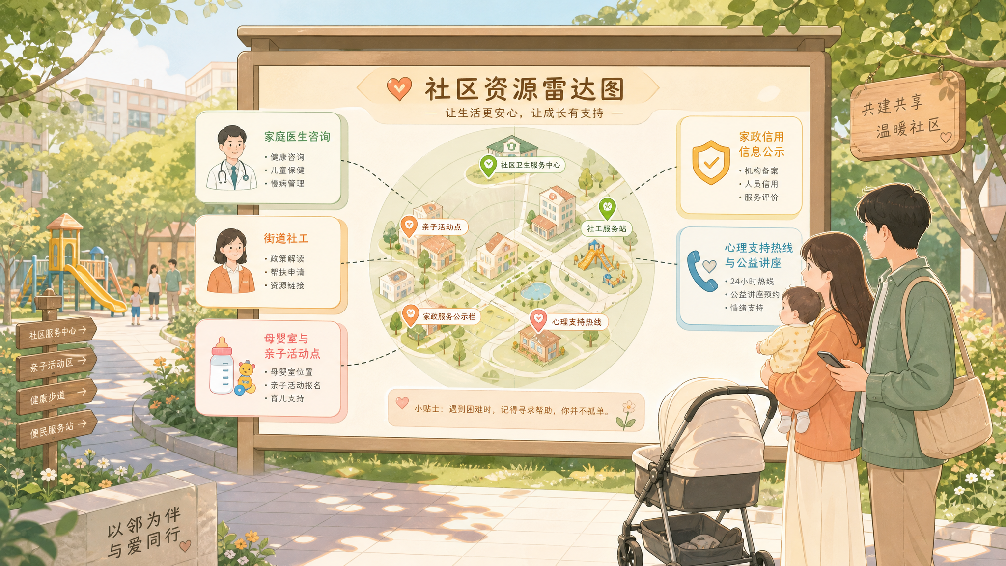 手绘地图风格的插画,一对中国年轻父母推着婴儿车站在社区公告栏前,妈妈抱着宝宝、爸爸拿着手机记笔记,画