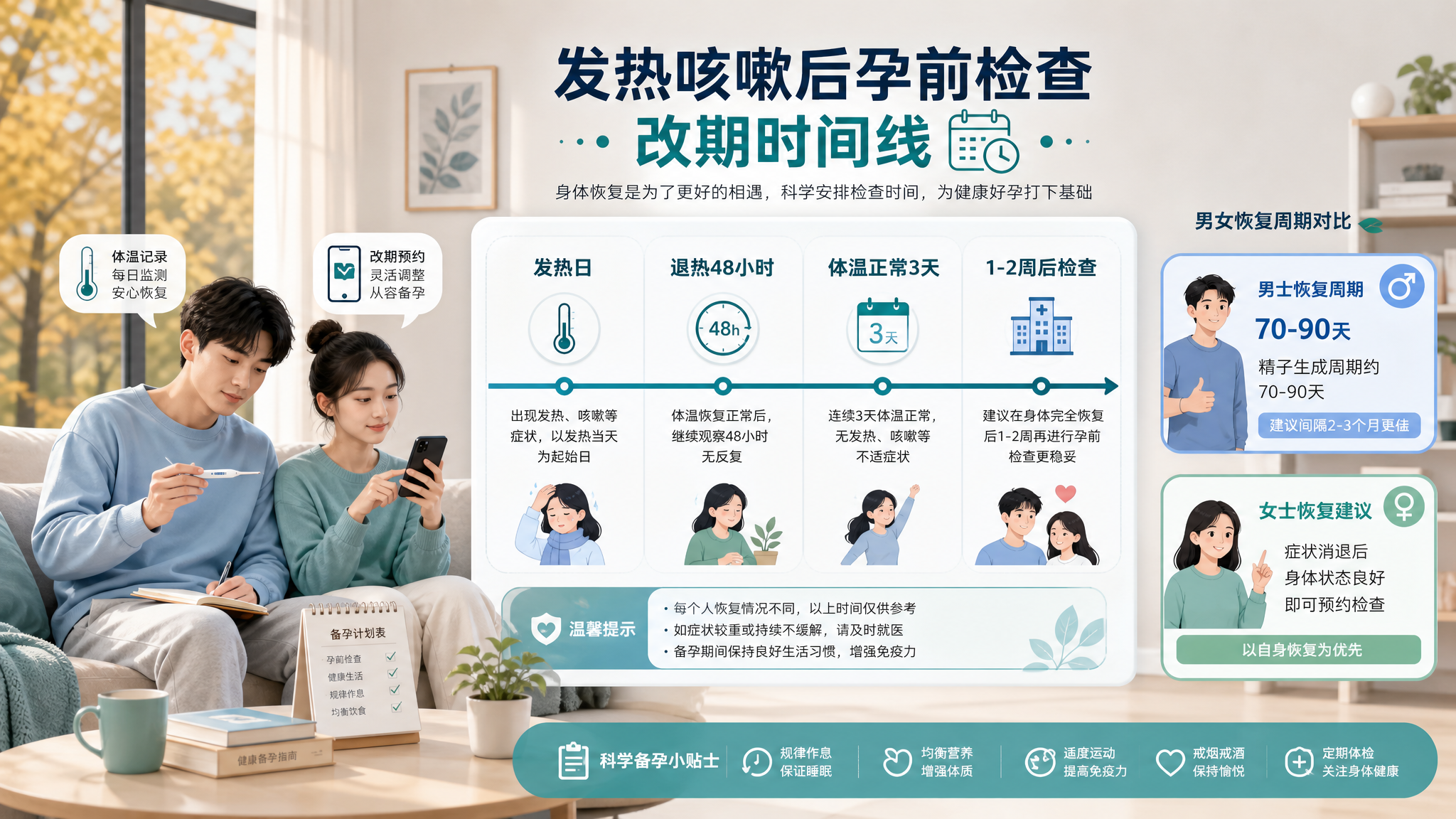 发热咳嗽后孕前检查怎么改期？夫妻同检时间线照着做